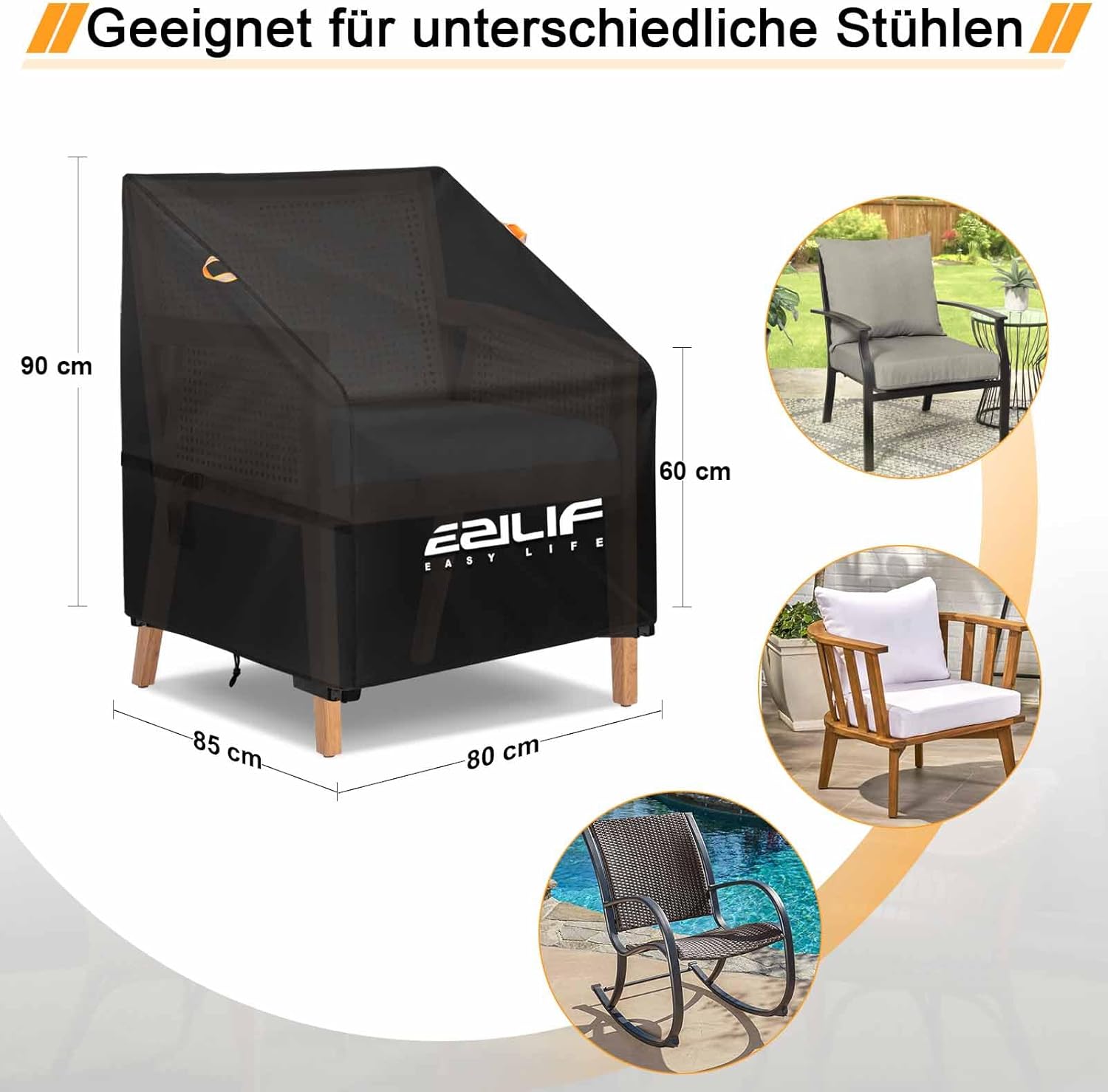 Detalle de Ezilif Gartenstuhl Abdeckung 420D Oxford – wasserdicht, winddicht und UV-beständig (80x85x60/90 cm)