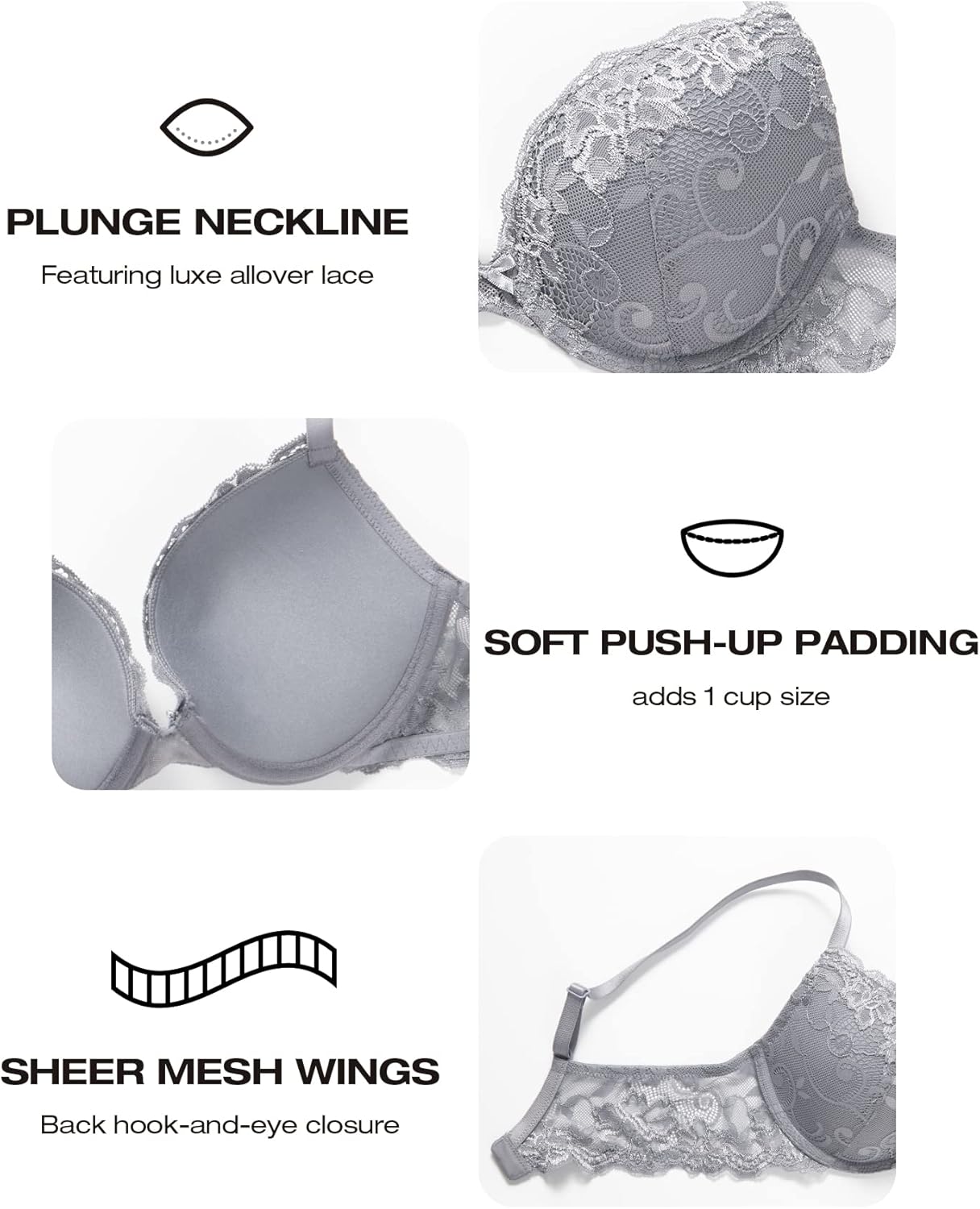 Thumbnail 5 de Deyllo Women’s Push Up Lace Bra Comfort Padded Underwire — Add One Cup