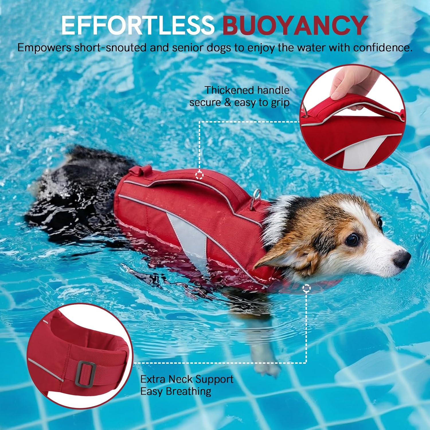 Detalle 2 de PUZAUKAL Schwimmweste für Hunde mit Rettungsgriff – Verstellbare Rettungsweste XS (Rot) für kleine Hunde