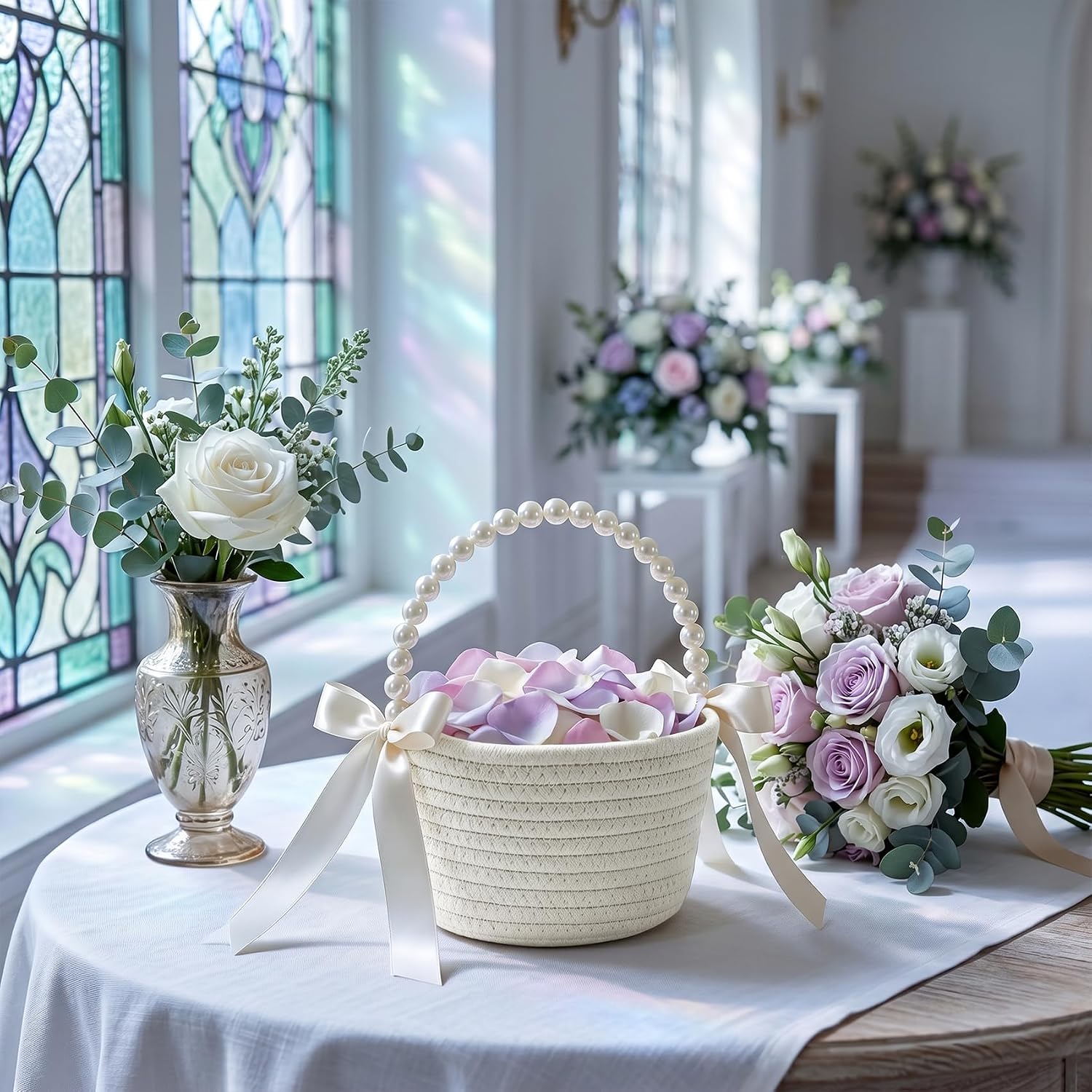 Thumbnail 4 de 2 Pack Wedding Flower Girl Basket with Pearl Handle – Cotton, Lightweight & Elegant