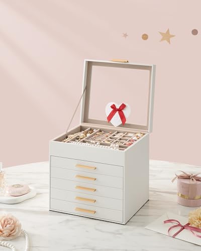 Detalle de SONGMICS Colección GISELLA: Caja de Joyas JBC176W01, 6 Niveles y 45 Compartimentos en Blanco Nube y Dorado