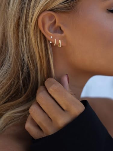 Detalle de ESPVO Gold Hoop Stud Earrings Set for Women (14k Gold Plated, Hypoallergenic) – 3 Pairs