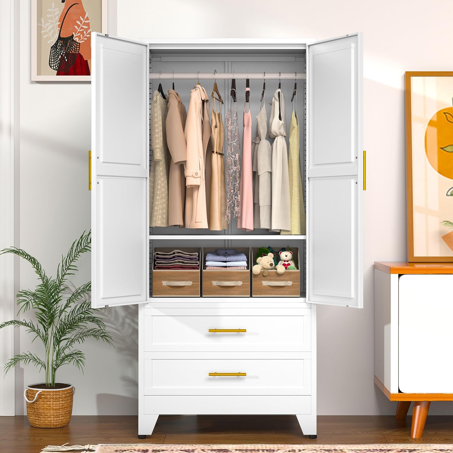 GAIOUS Tall 2Drawer W Metal Wardrobe Cabinet with Hanging Rod, White