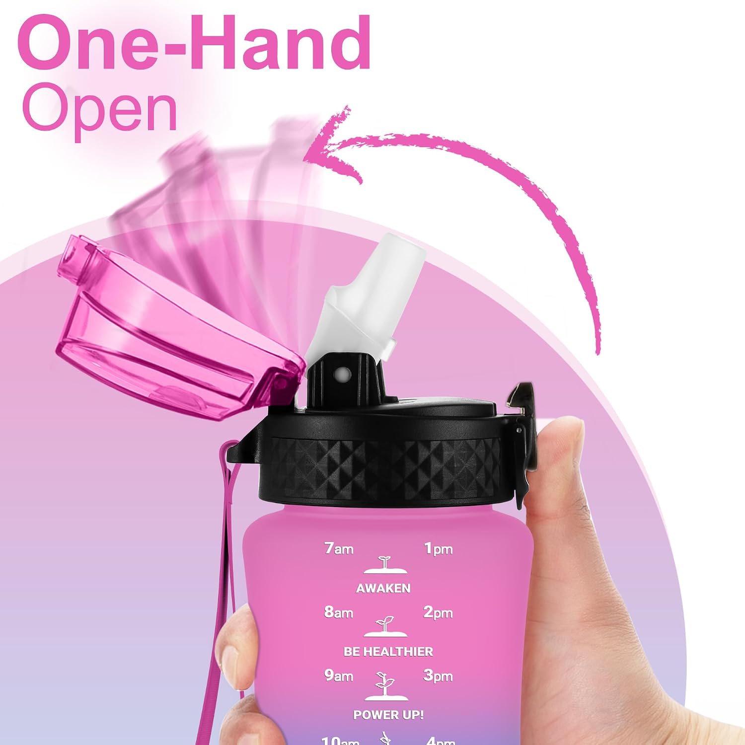 Detalle de GOPPUS 350ml/12oz Kids Straw Water Bottle with Flip Top Lid, Strap & Time Marking (BPA-free, Rose Blue)