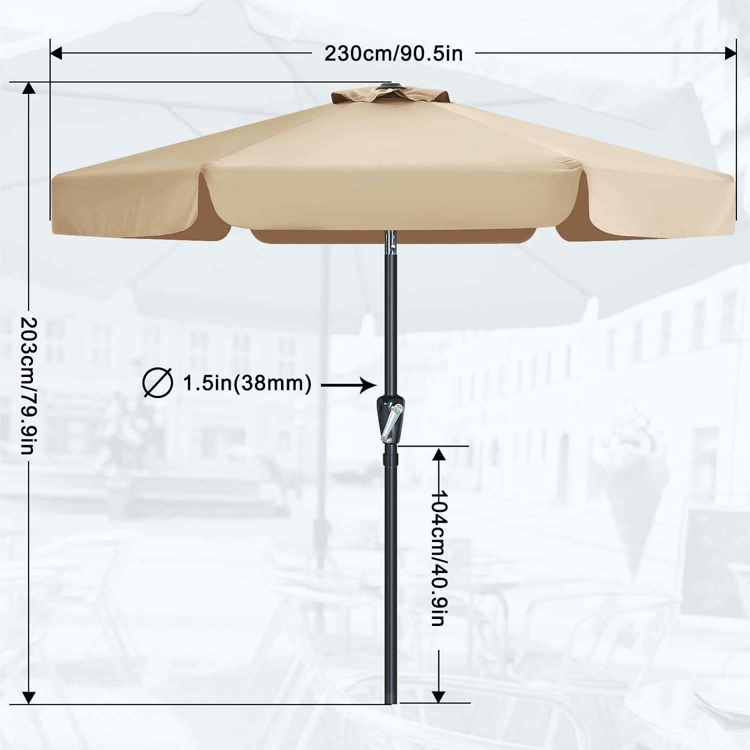 Detalle de MasterCanopy Valance Patio Umbrella for Outdoor Table (2.3M, Khaki) – Robust 6-Rib Design