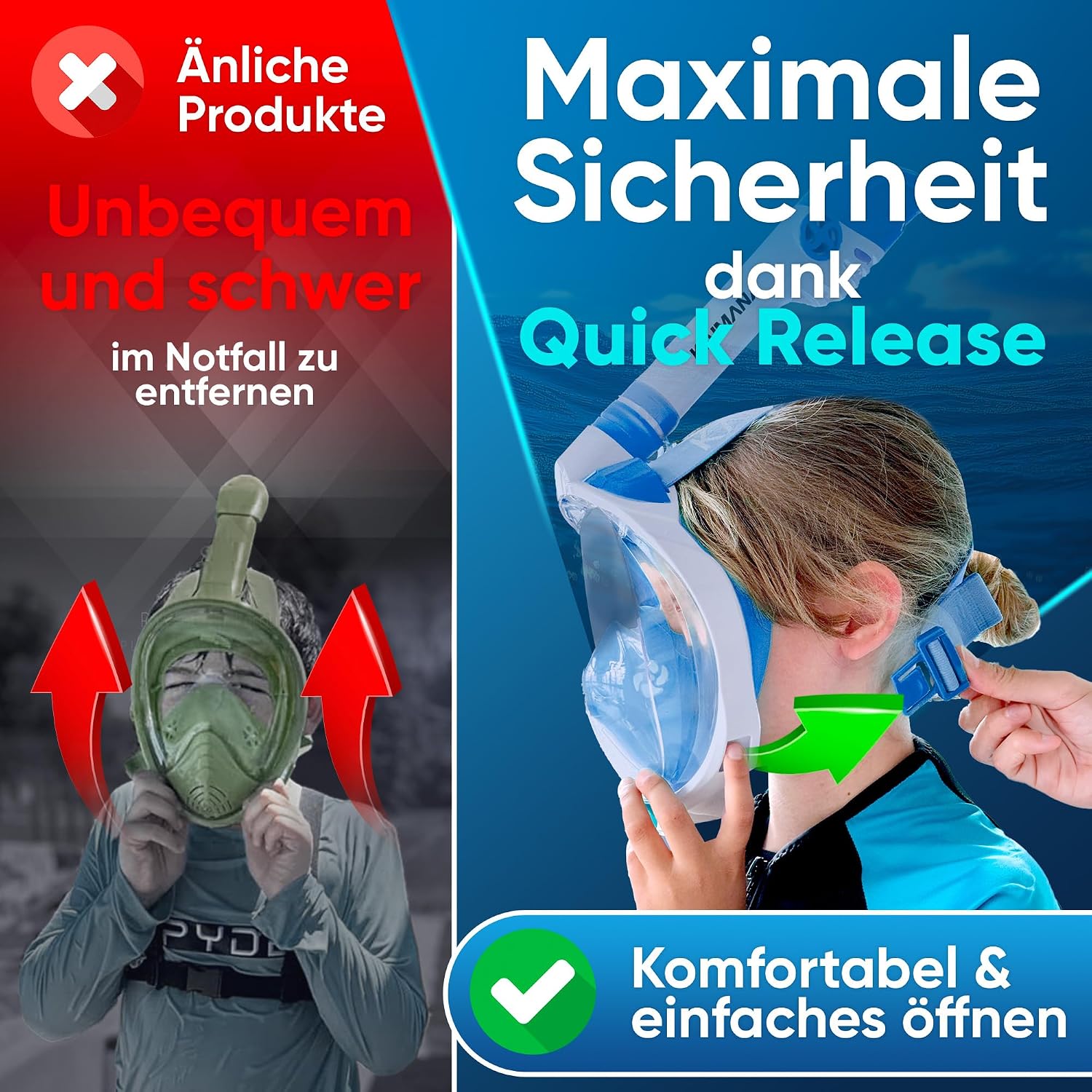 Detalle de KAIMANA Schnorchelmaske Kinder – Vollgesichtsmaske inkl. Tragetasche, CO2-sicher (3–12 Jahre)