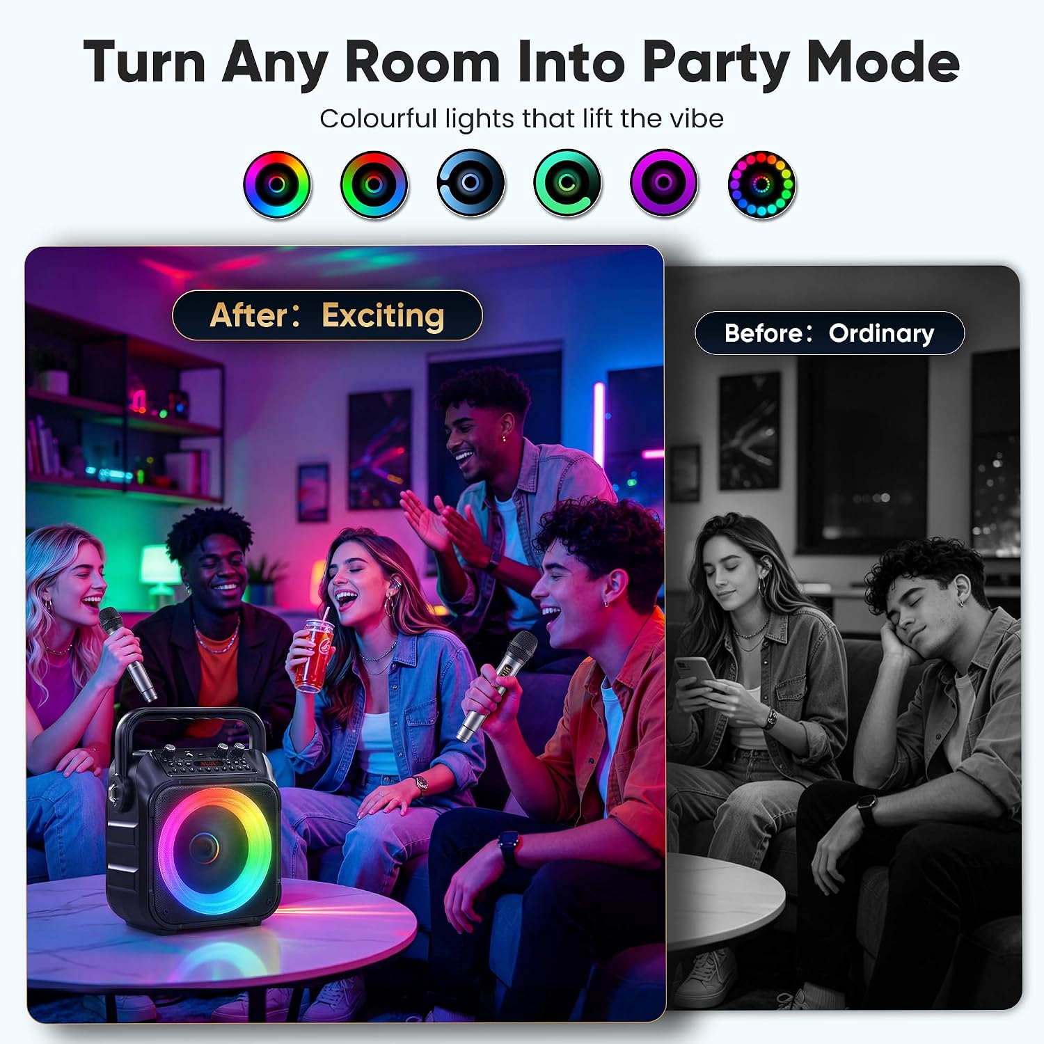 Detalle 2 de Karaoke Machine with 2 Wireless Microphones: Portable Bluetooth Speaker for Home & Parties