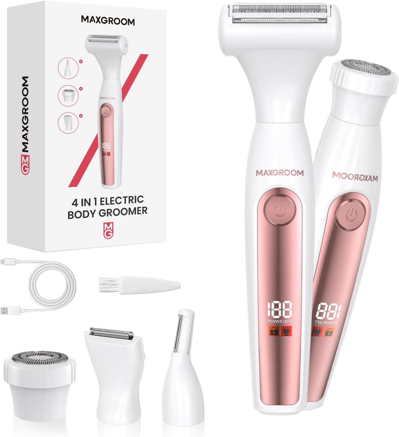 Detalle de MAXGROOM 4 In 1 Rasoio Elettrico Donna – Kit corpo e inguine con ricarica Type-C e LED display