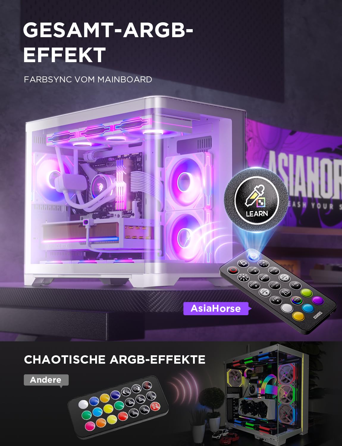 Thumbnail 6 de AsiaHorse ASH-S1 ARGB PWM PC Lüfter Hub mit Controller – 20 ARGB-Effekte und Learn Color