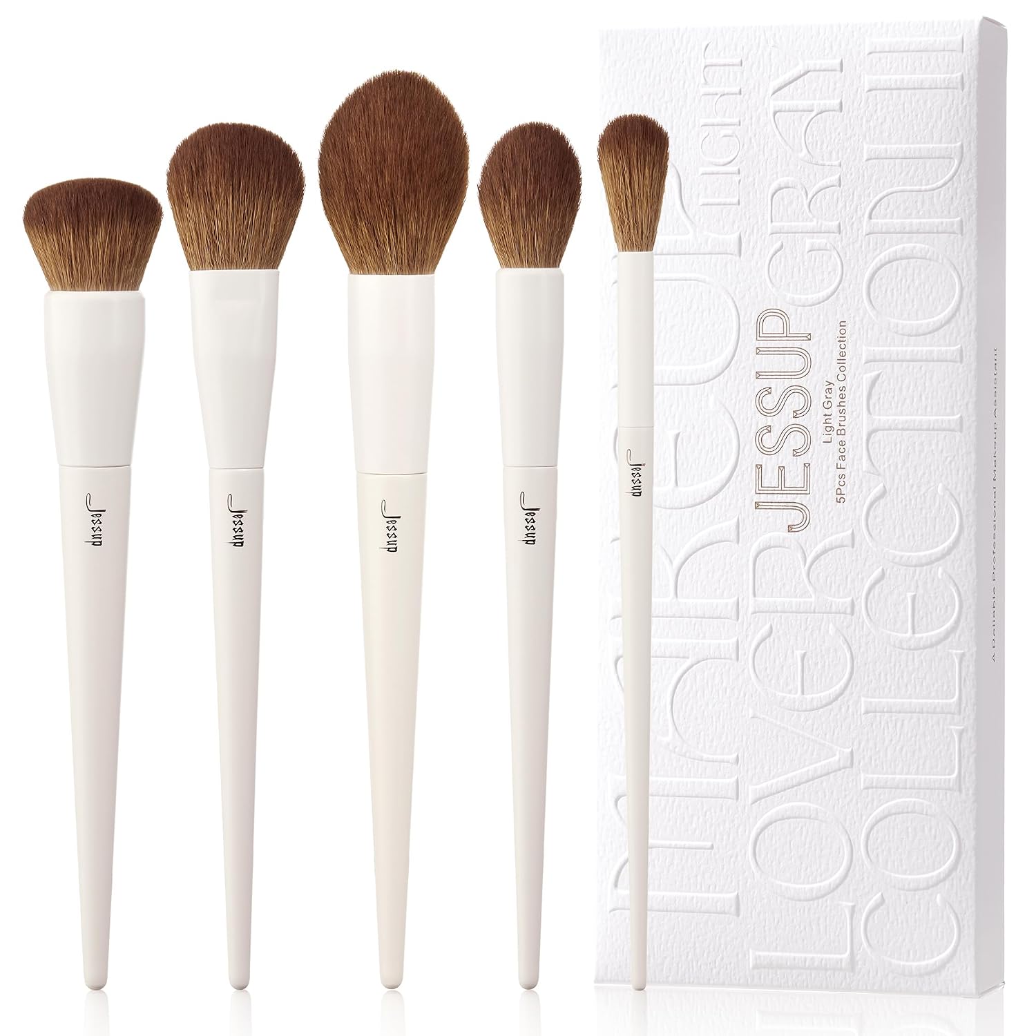 Detalle de Jessup 5-teiliges Make-up-Pinselset für das Gesicht (Hellgrau T493) – Foundation, Rouge, Bronzer, Kontur & Highlighter
