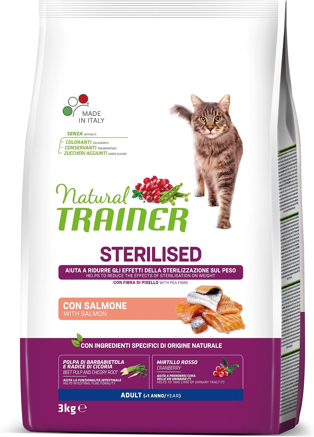 Detalle de Trainer Natural Sterilised Adult con Salmone e Fibra di Pisello 3 Kg – alimentazione equilibrata per animali sterilizzati