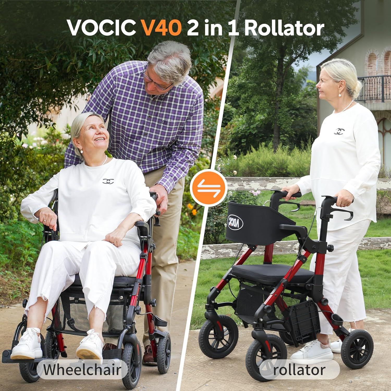 Detalle de VOCIC 2-in-1 Rollstuhl Rollator: faltbar, leicht, mit Sitz, Outdoor-Gummireifen – Aluminium, bis 136 kg