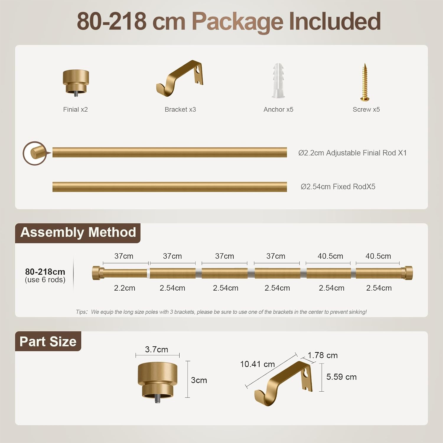 Thumbnail 6 de Gormena Gold Curtain Pole 80-218cm – Adjustable Heavy-Duty Metal Rod with Brackets and Finials