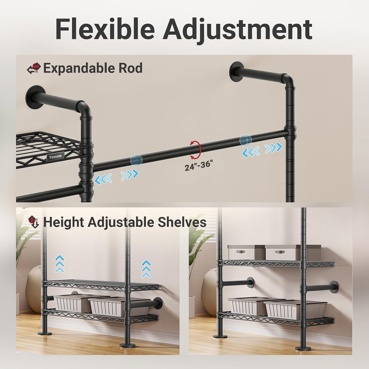Detalle 2 de Timate F2 Black Industrial Pipe Clothing Rack, 3 Shelves and Expandable Rods