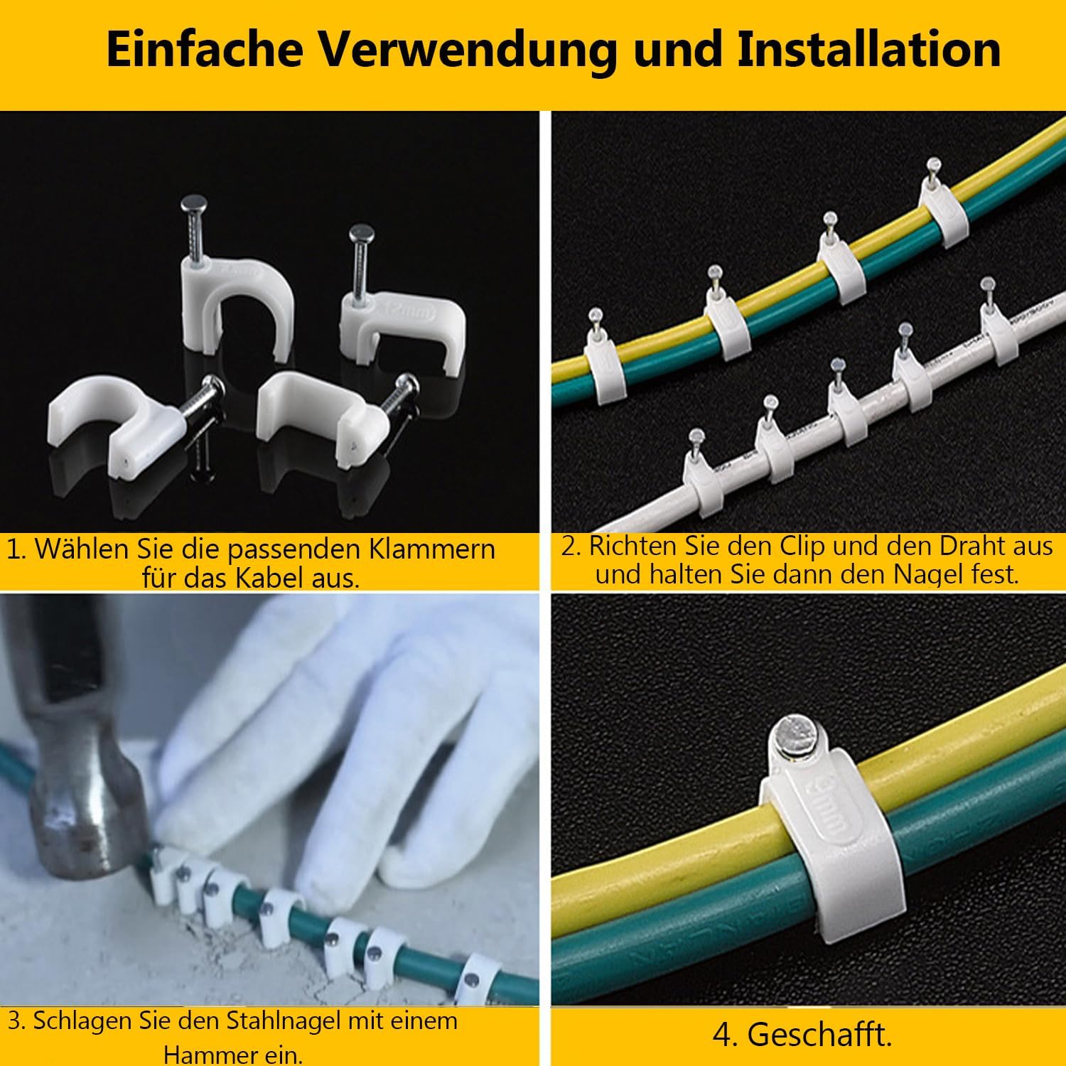 Thumbnail 6 de 100 x runde Kabelklemmen (weiß) für Kabel bis 6 mm – 6-mm-Kabelclips mit Stahlnagel