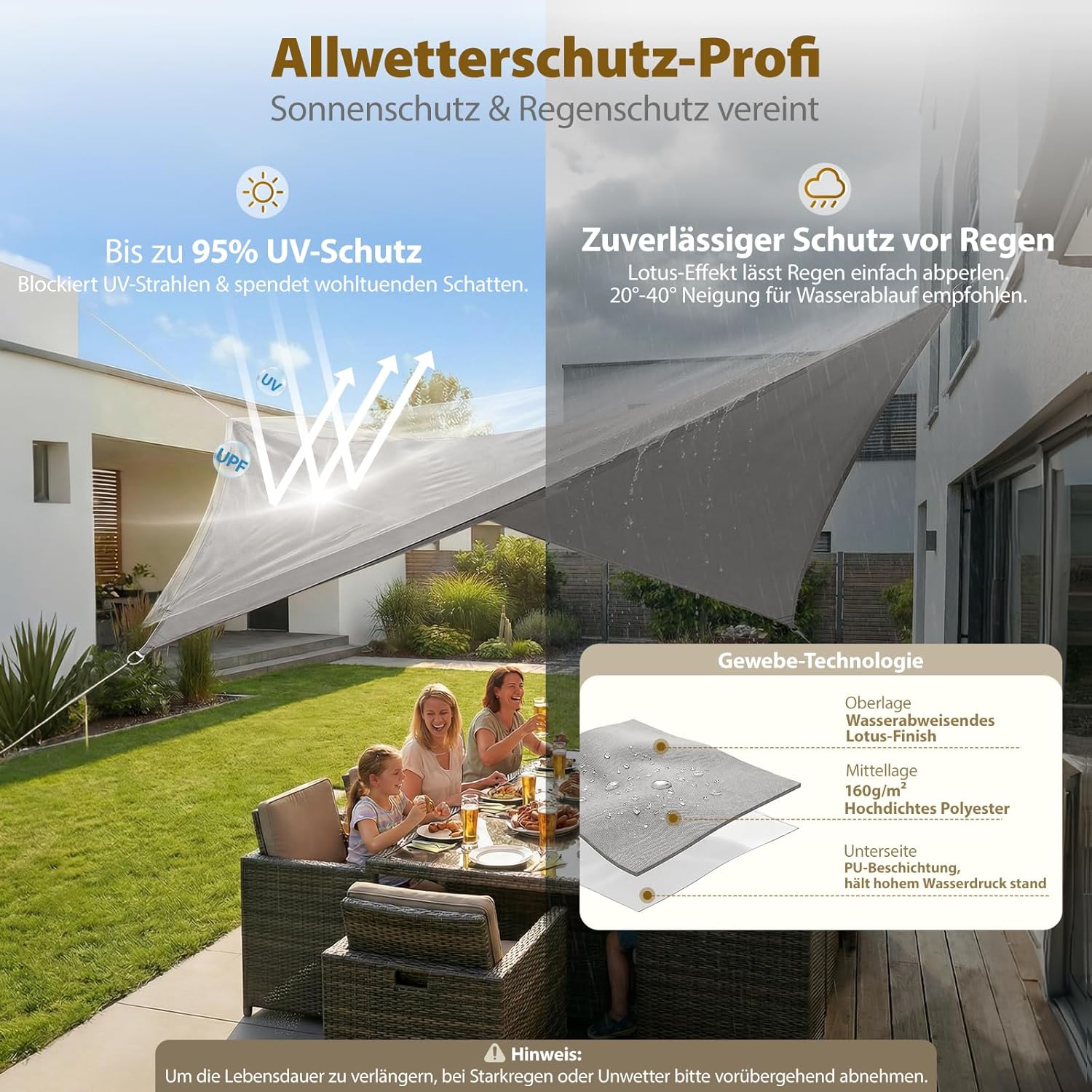 Thumbnail 2 de Sekey Sonnensegel 2x3m Rechteckig – wasserdicht, ohne Mittelnaht, 160 g/m² PES, Lotus-Effekt, Edelstahl-Ringe