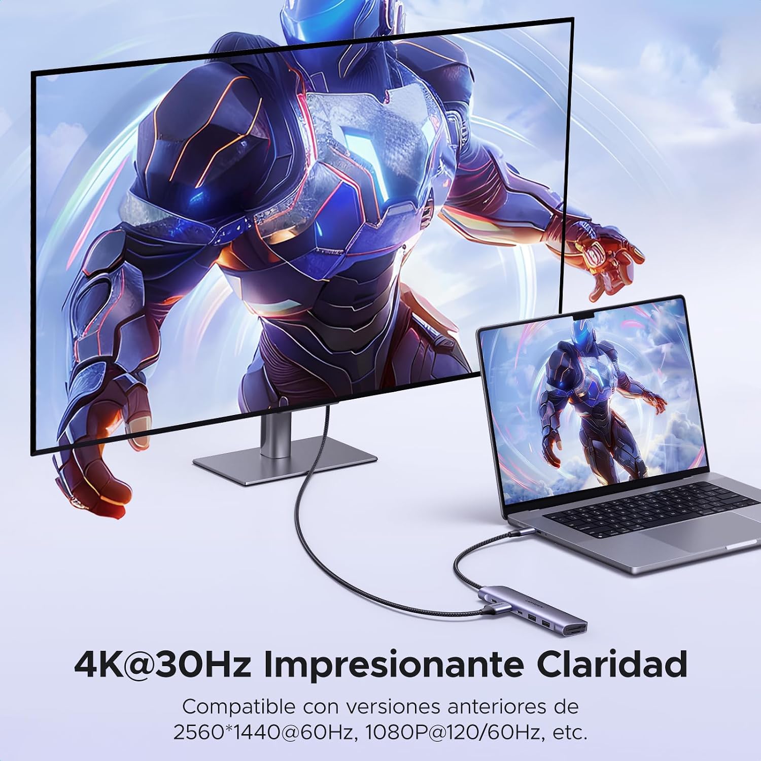 Detalle de UGREEN Revodok 1071 Hub USB C 7 en 1 con HDMI 4K, lector SD/TF y carga PD 100W