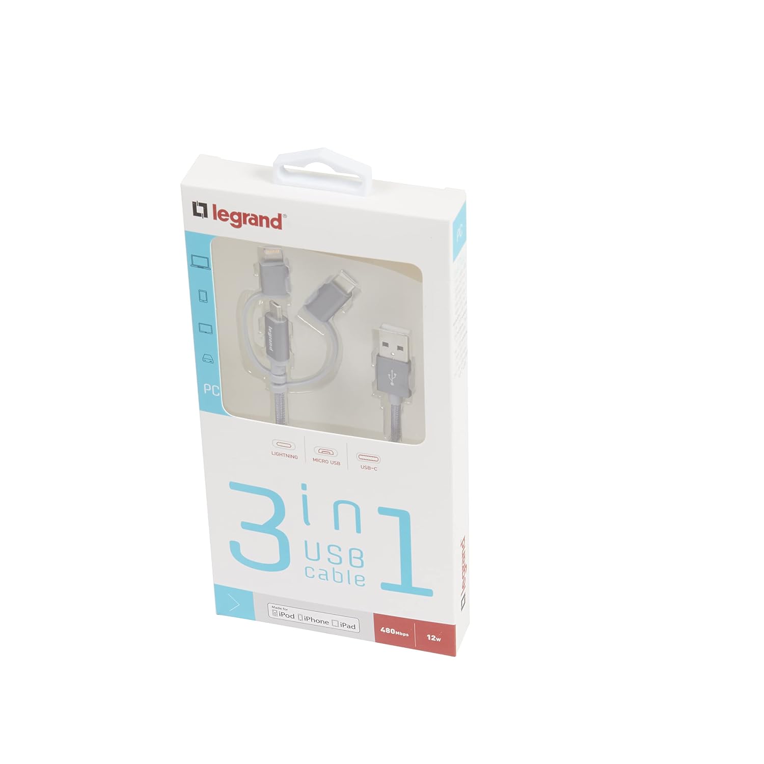 Detalle de Legrand Cordon USB Type-A vers micro USB, USB-C ou Lightning — câble multi-connecteur 1,2 m