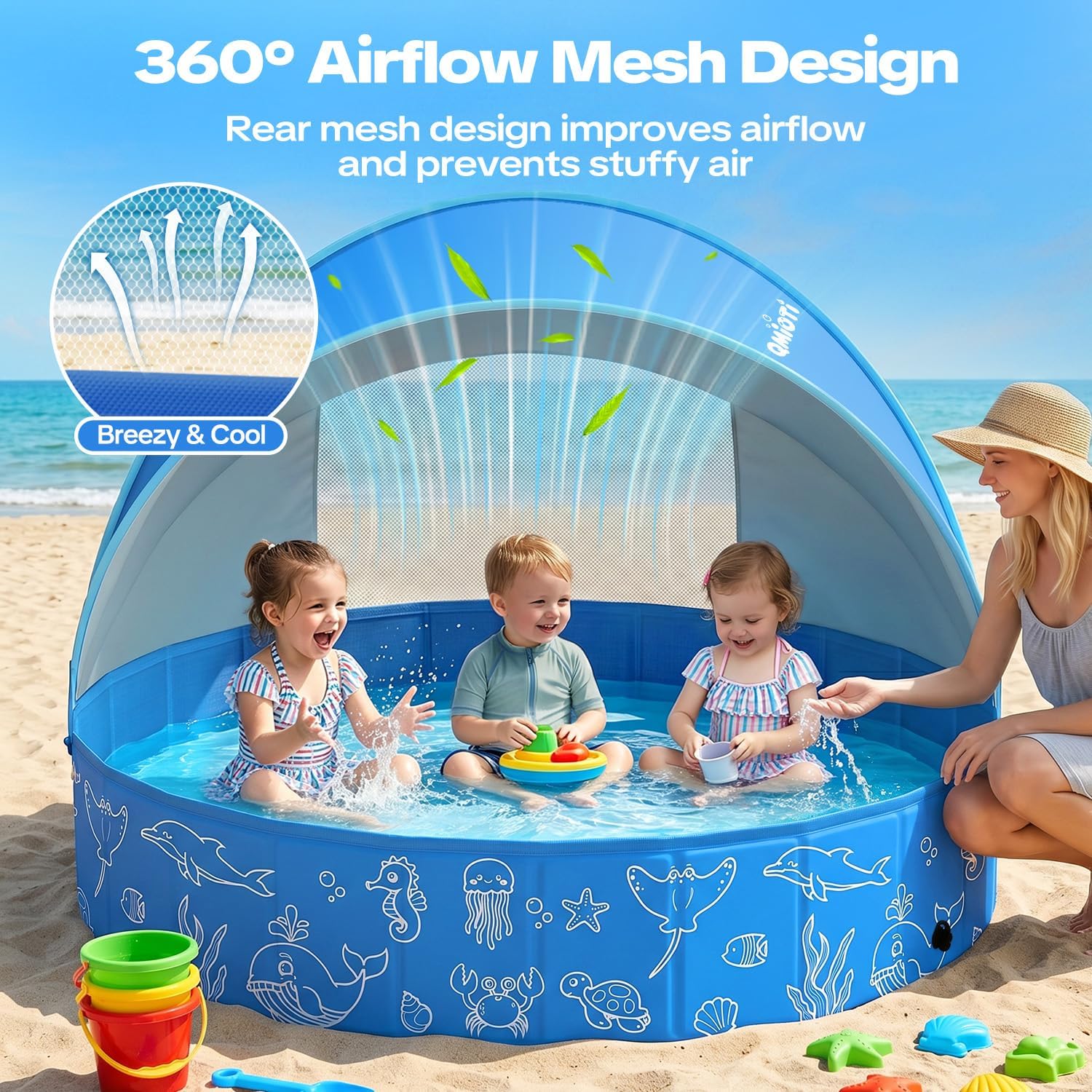 Detalle de Qmioti 63in Kiddie Pool with Canopy – Foldable, Portable Shade Pool for Kids and Pets