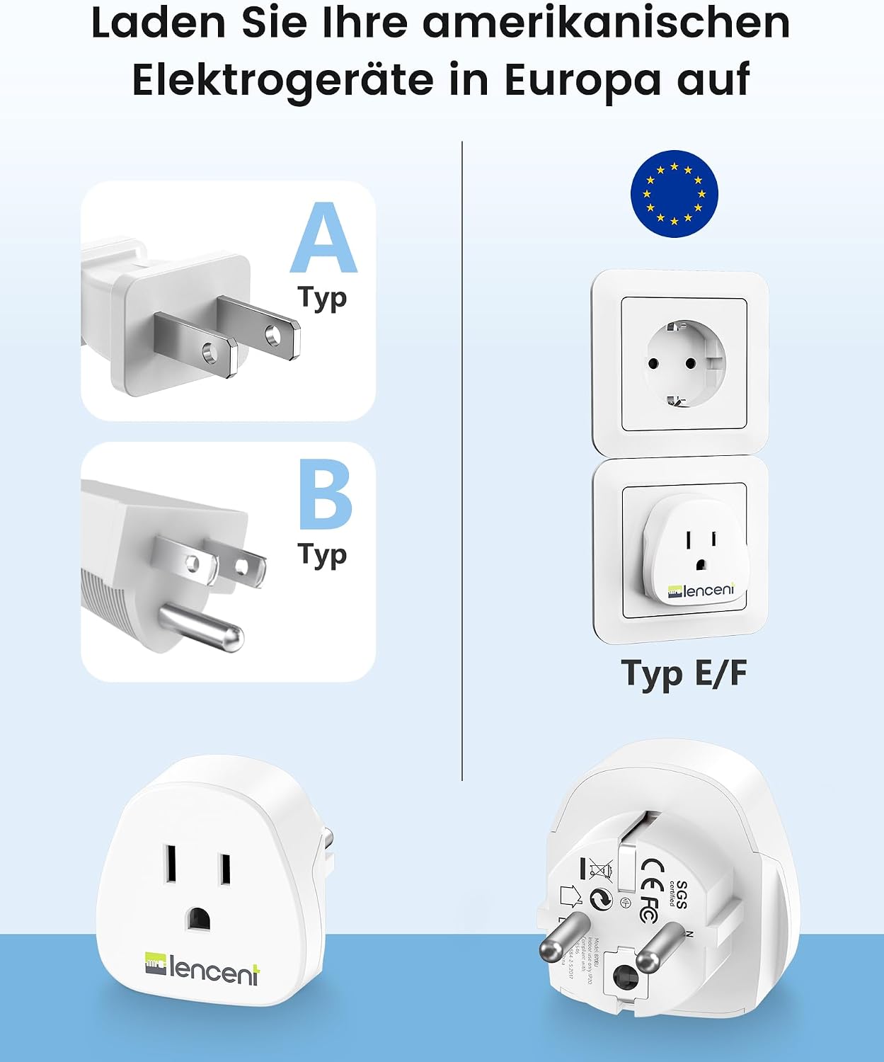 Detalle 2 de LENCENT Reiseadapter USA auf EU Steckdose 2er