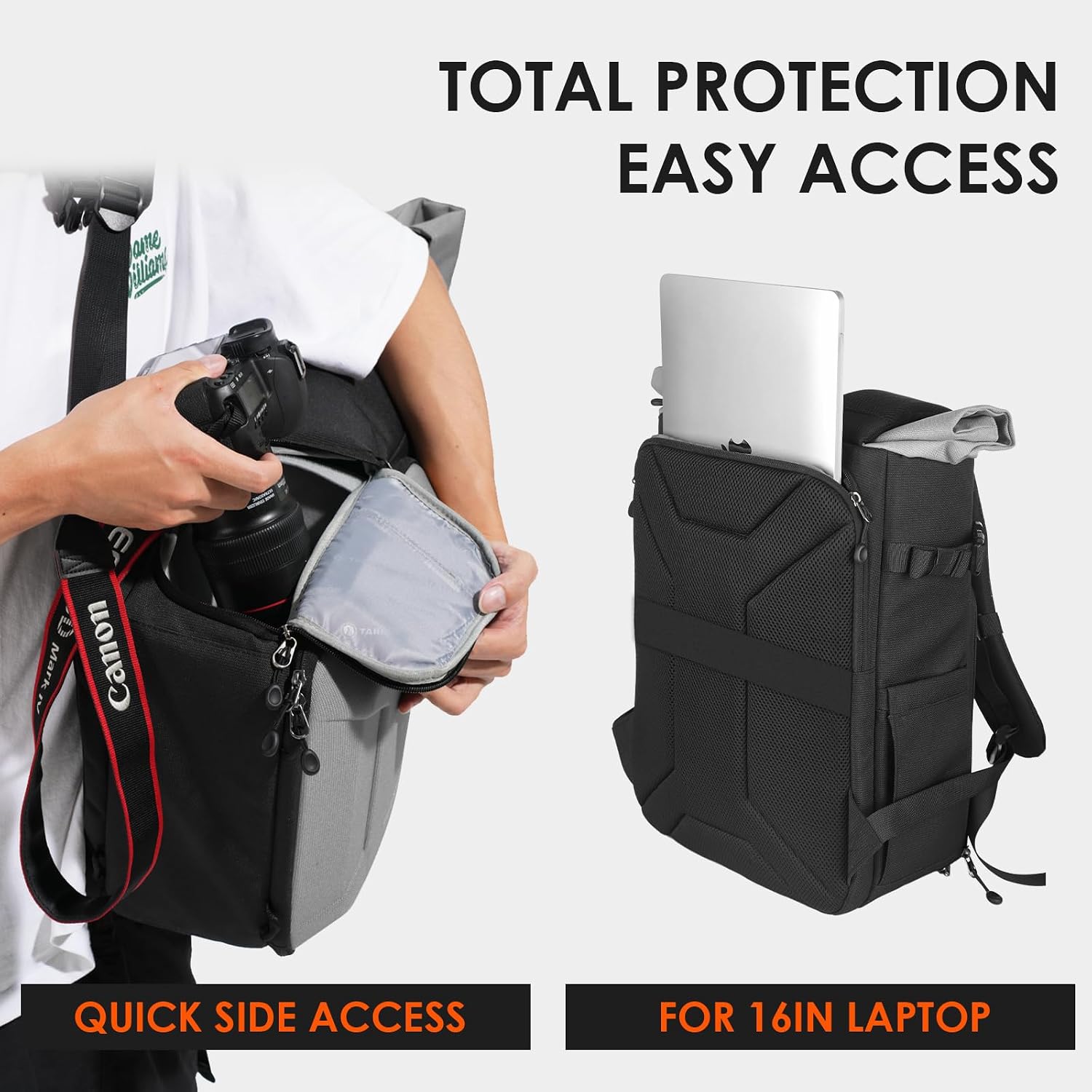Thumbnail 2 de TARION Rolltop Camera Backpack with Hardshell – Expandable Large Camera Bag with 16 Inch Laptop Compartment & Side Access (Grey)
