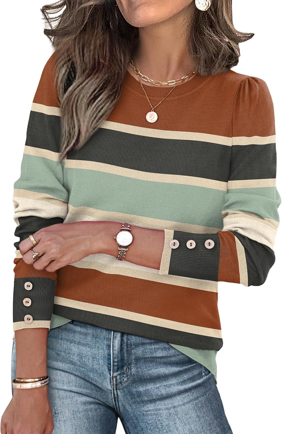 Detalle de XIEERDUO Women's Long-Sleeve Knit Sweater with Button Cuffs