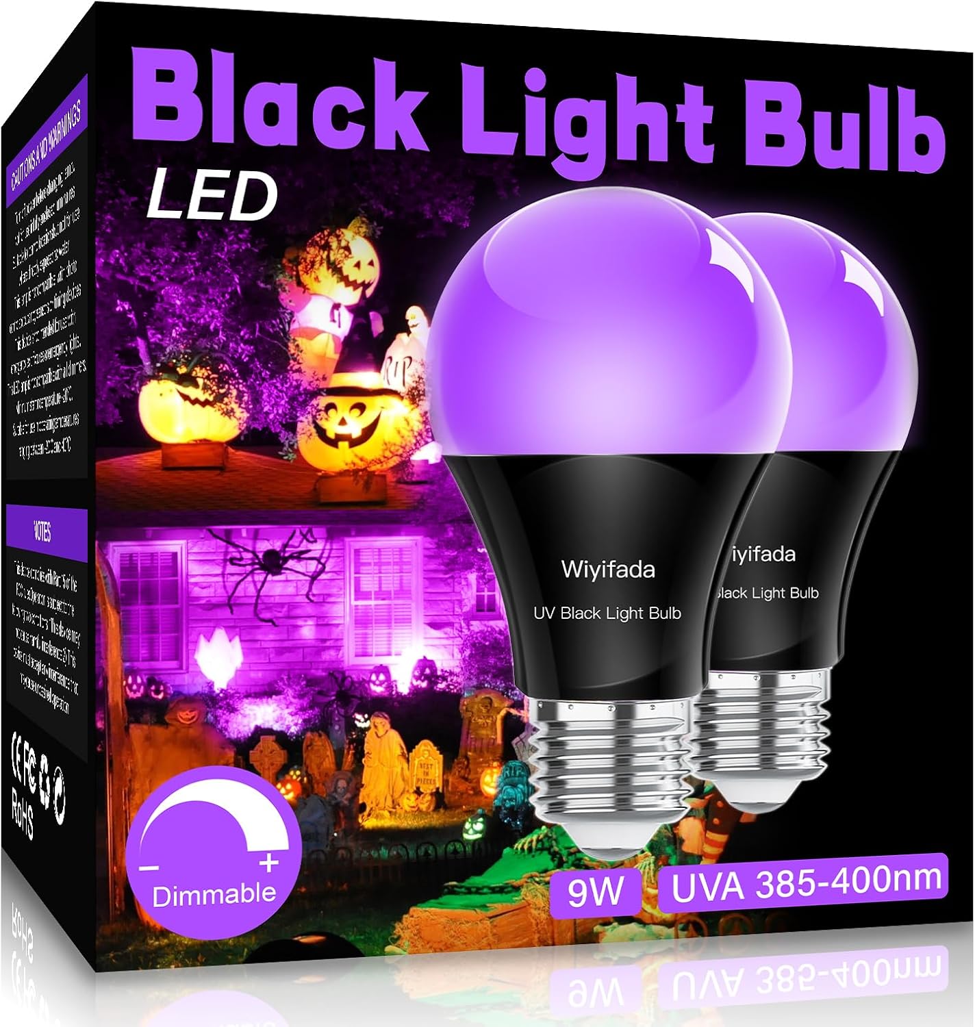 Detalle de Wiyifada A19 LED Black Light Bulbs, Dimmable 9W, 385–400nm UVA, 2-Pack