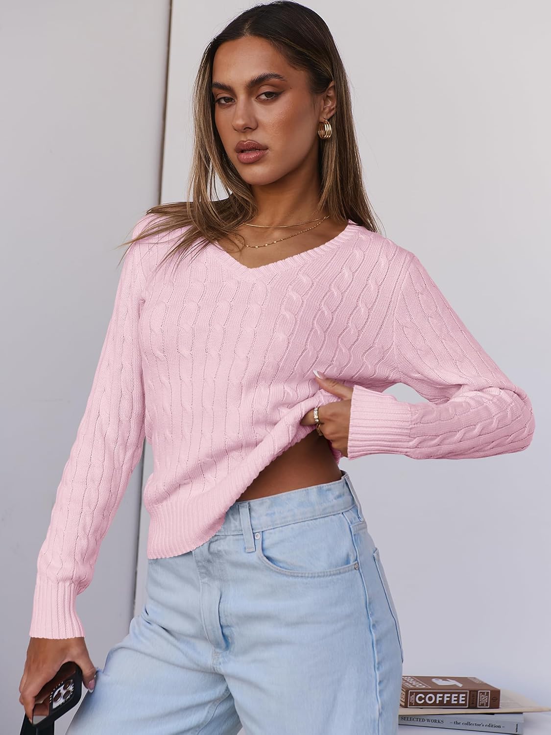 Thumbnail 4 de ANRABESS Womens Cable Knit V-Neck Sweater