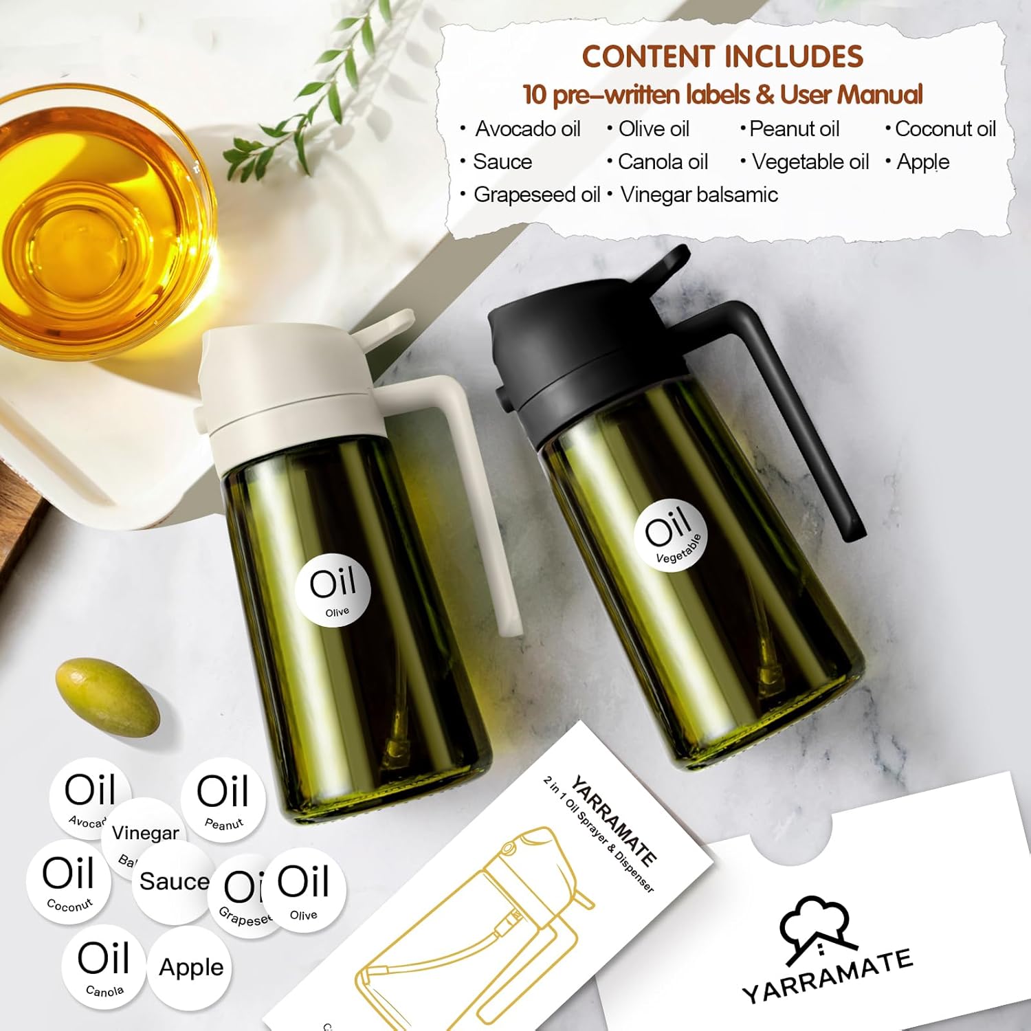 Detalle de YARRAMATE 16oz/470ml 2-Pack Light Blockage Dark Oil Sprayer & 2-in-1 Olive Oil Dispenser (Green Glass, Black & Green)