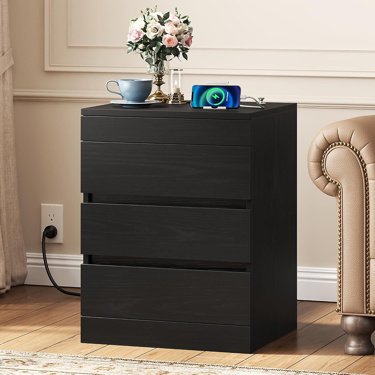 Thumbnail 4 de Yusong Black Oak Nightstand with Hidden Lock, 4 Drawers and Charging Station