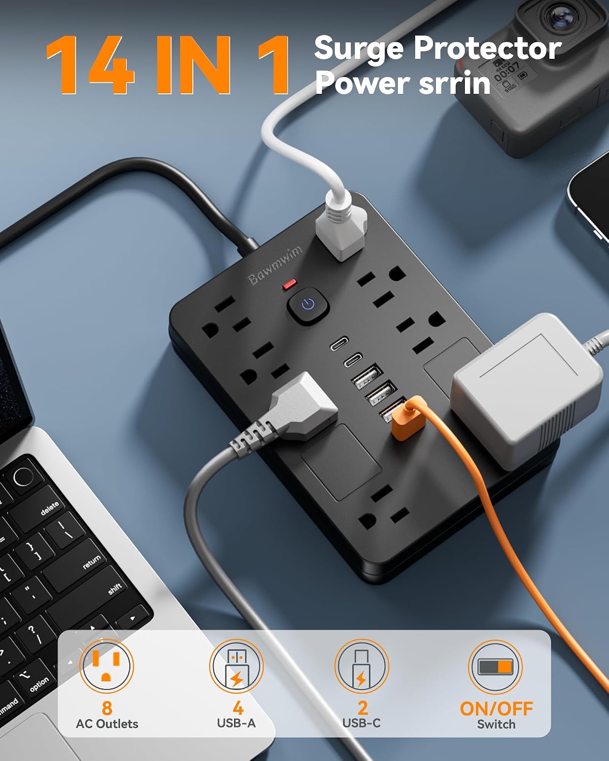 Detalle de Bawmwim Surge Protector Power Strip: 8 Outlets, 6 USB Ports, 6ft Flat Plug, ETL Listed