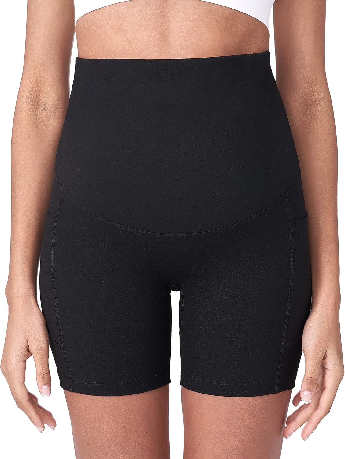 Detalle de POSHDIVAH Women's Maternity Yoga Shorts – Over Belly, 5"/8" with Pockets