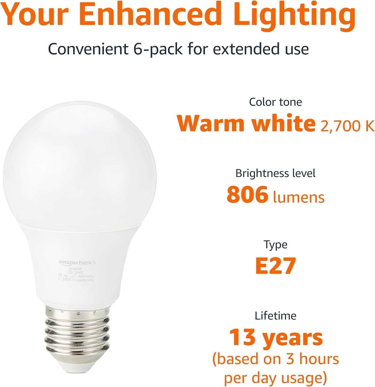 Detalle de Amazon Basics LED E27 8W Bulb (60W Equivalent) Warm White — 6 Pack