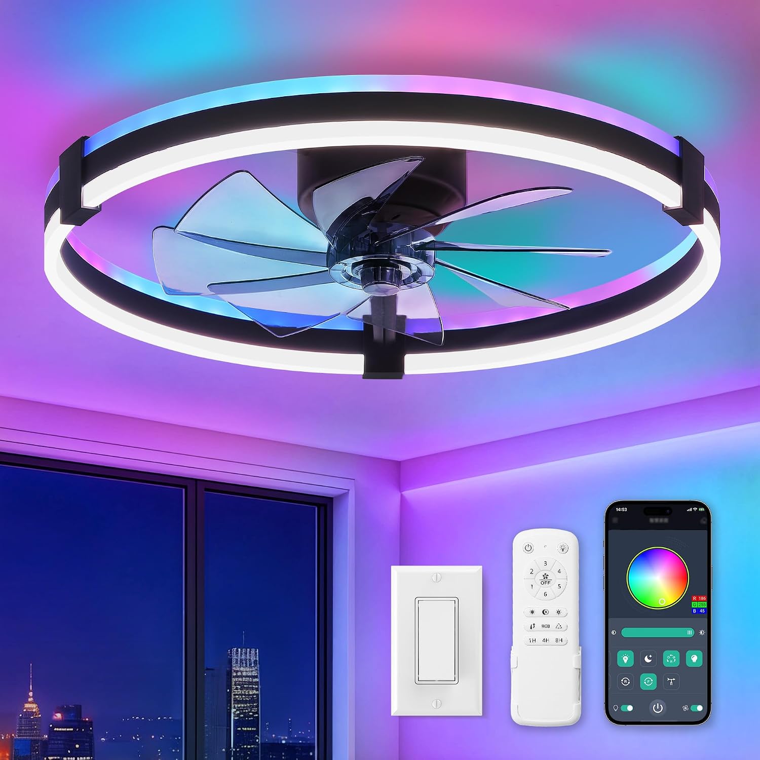Detalle de ZMISHIBO KDMM23 23-Inch RGB Ceiling Fan with Light, Remote and App Control