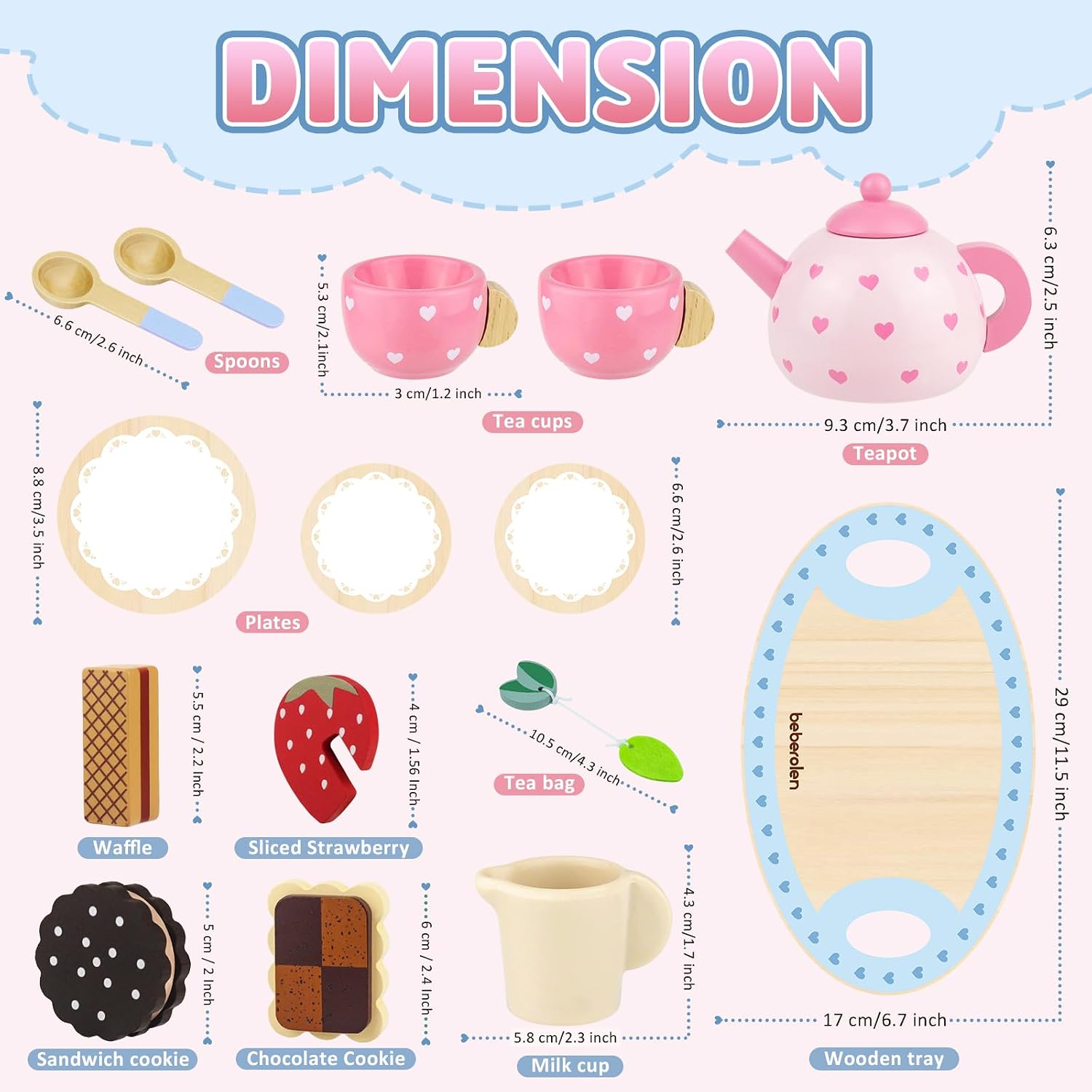Detalle de Beberolen Sweetheart Tea Party Set – teservis i trä med tekanna och tillbehör