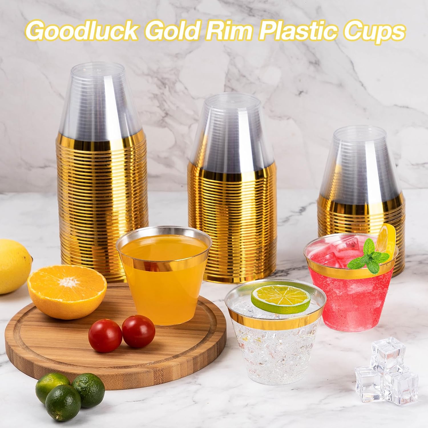Detalle 2 de Goodluck 50PCS 9oz Gold Disposable Cups – Elegant Gold Rim Plastic Cocktail Cups
