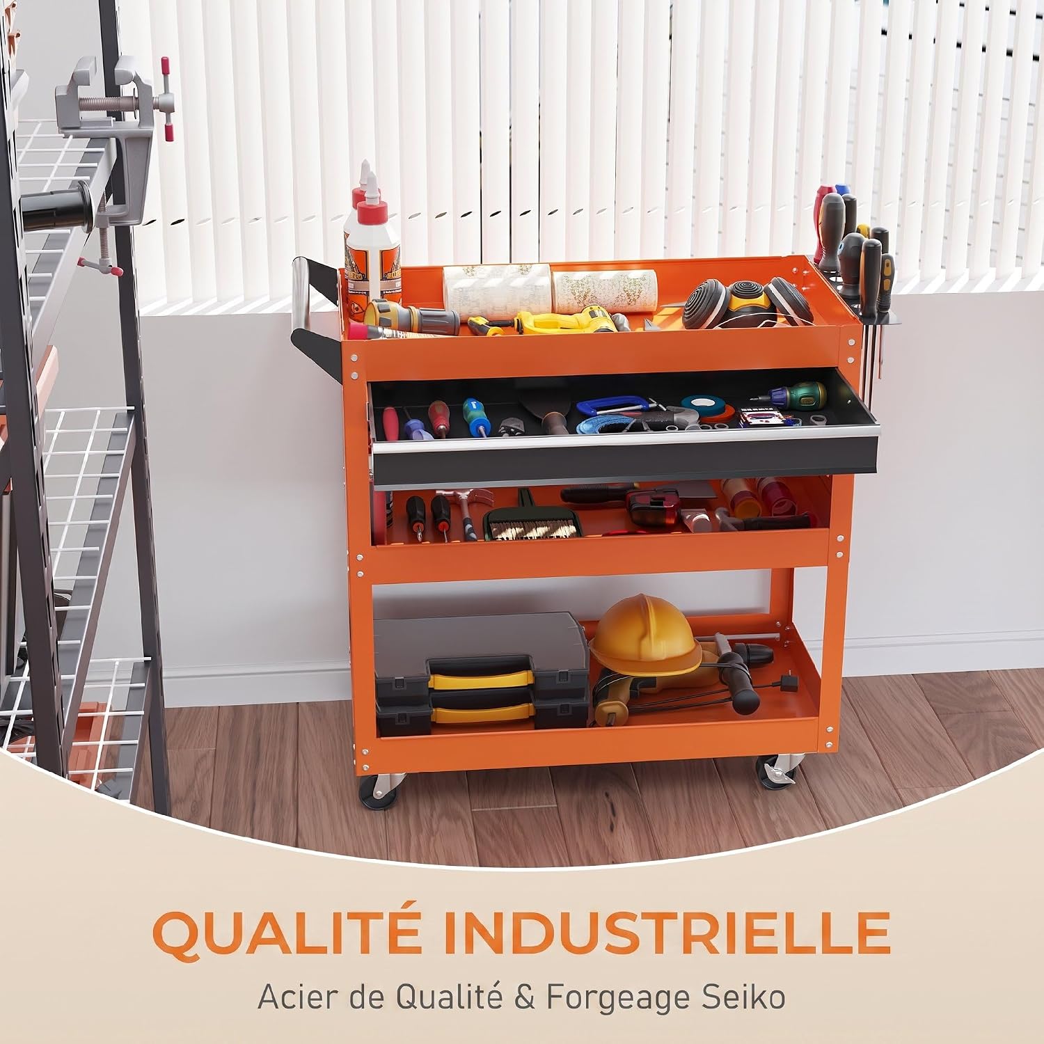 Detalle de DURHAND B20-065V00OG werkplaatswagen met 3 legplanken en lade
