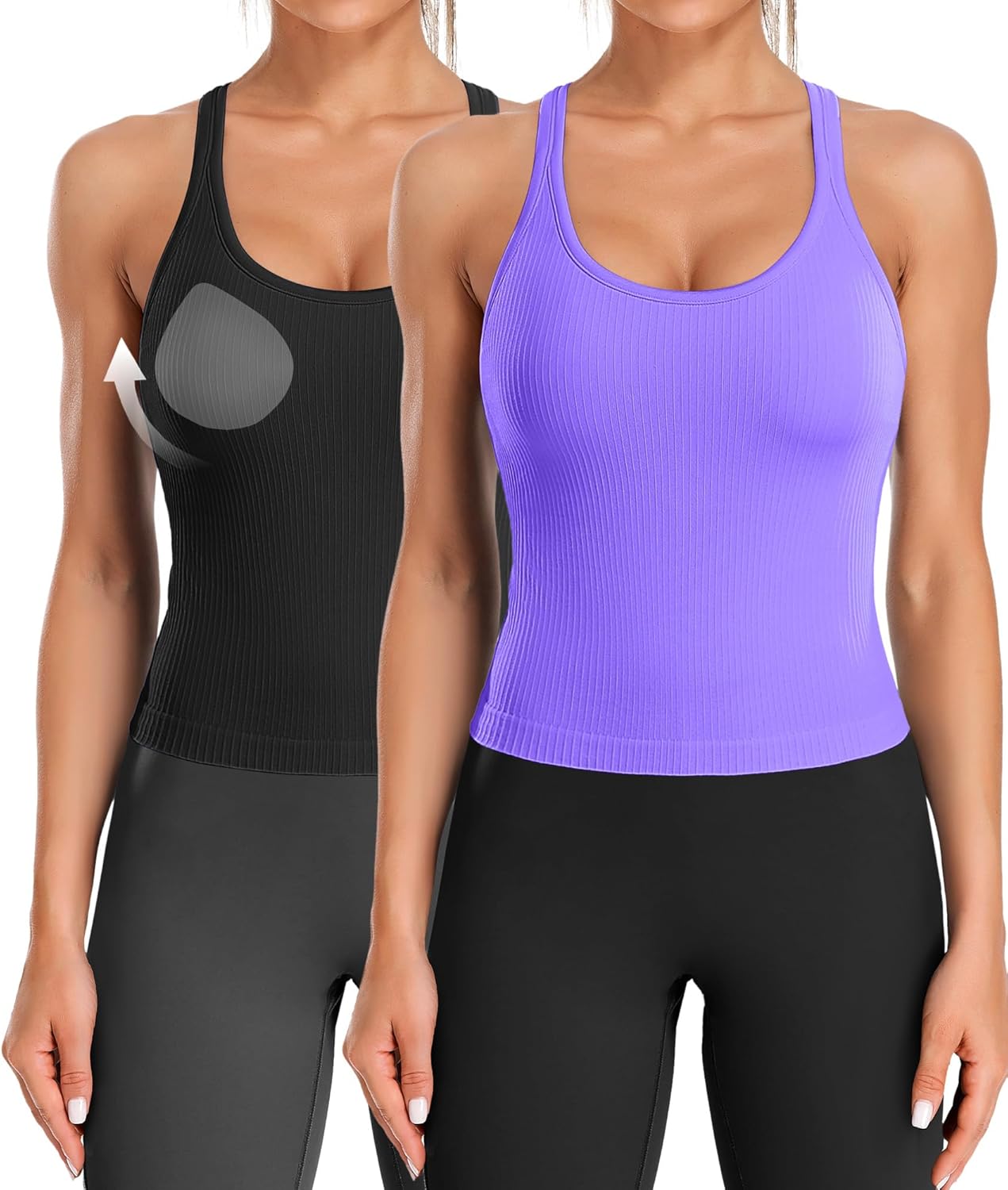 Detalle de ATTRACO Women Ribbed Workout Crop Top with Built-in Bra – Yoga Racerback Tank