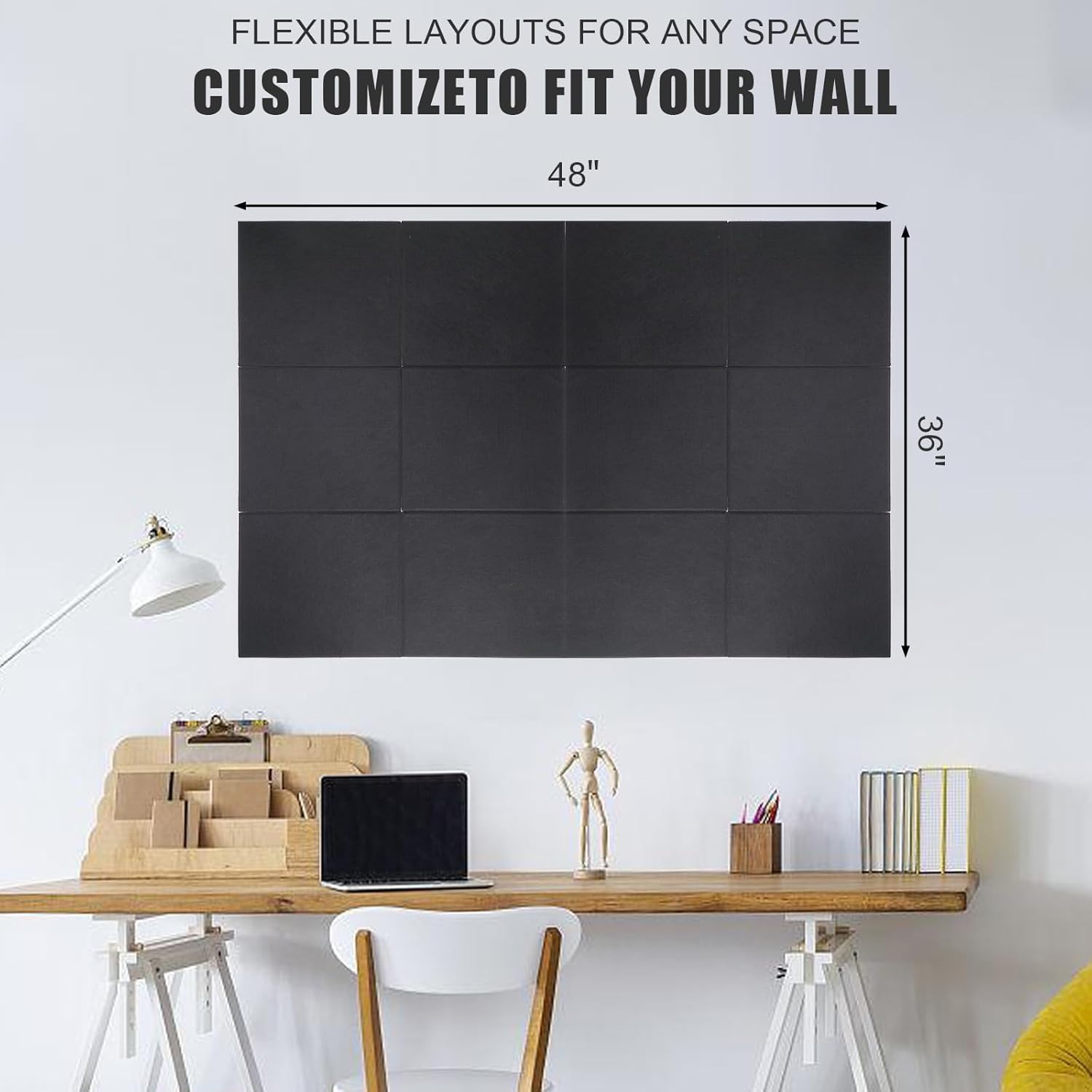 Detalle de 120 x 90 cm Cork Board Alternative Felt Pin Board Tile Set (12-pack) with 30 pushpins – Black