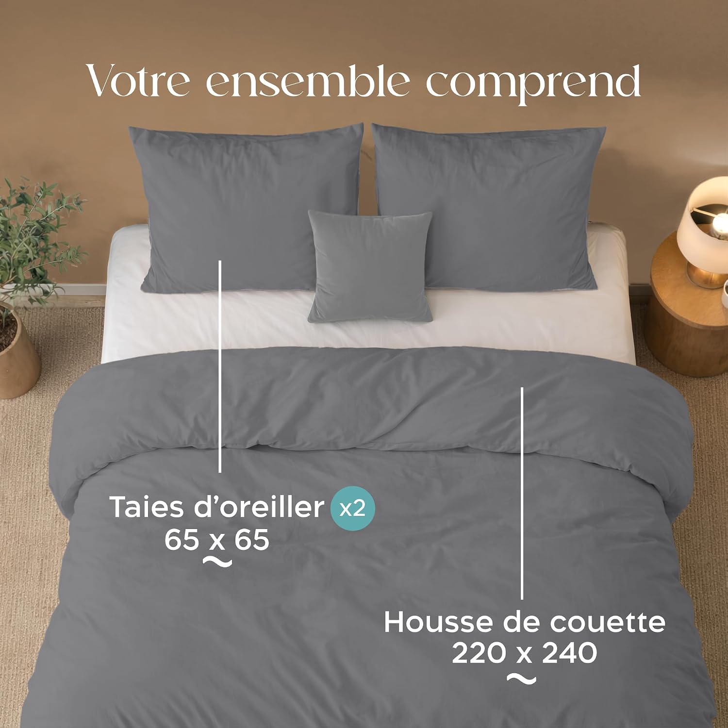 Detalle 2 de Parure de couette Twinzen 240x220 cm anthracite en microfibre avec 2 taies 65x65 cm (Oeko-Tex)