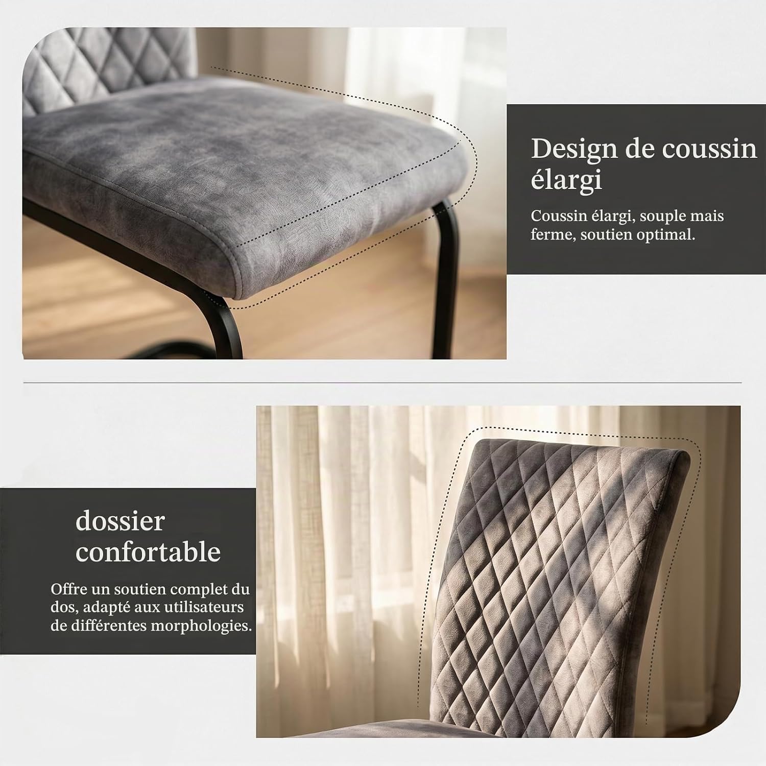Detalle de JIEXI set van 6 eetkamerstoelen in grijze stof met hoge rugleuning en dik kussen