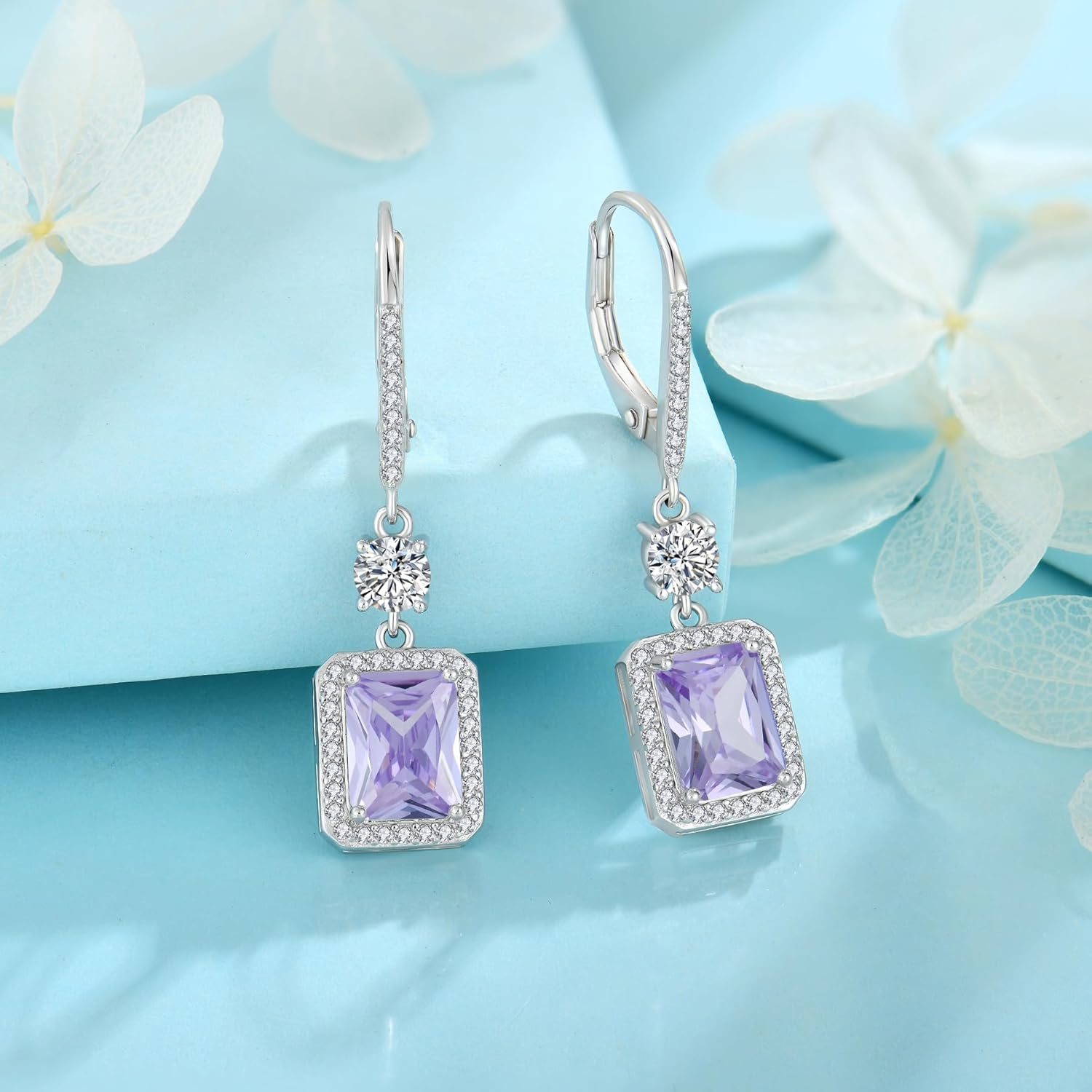 Thumbnail 3 de FJ Rectangular Cut Birthstone Drop Earrings in 925 Sterling Silver (Leverback)