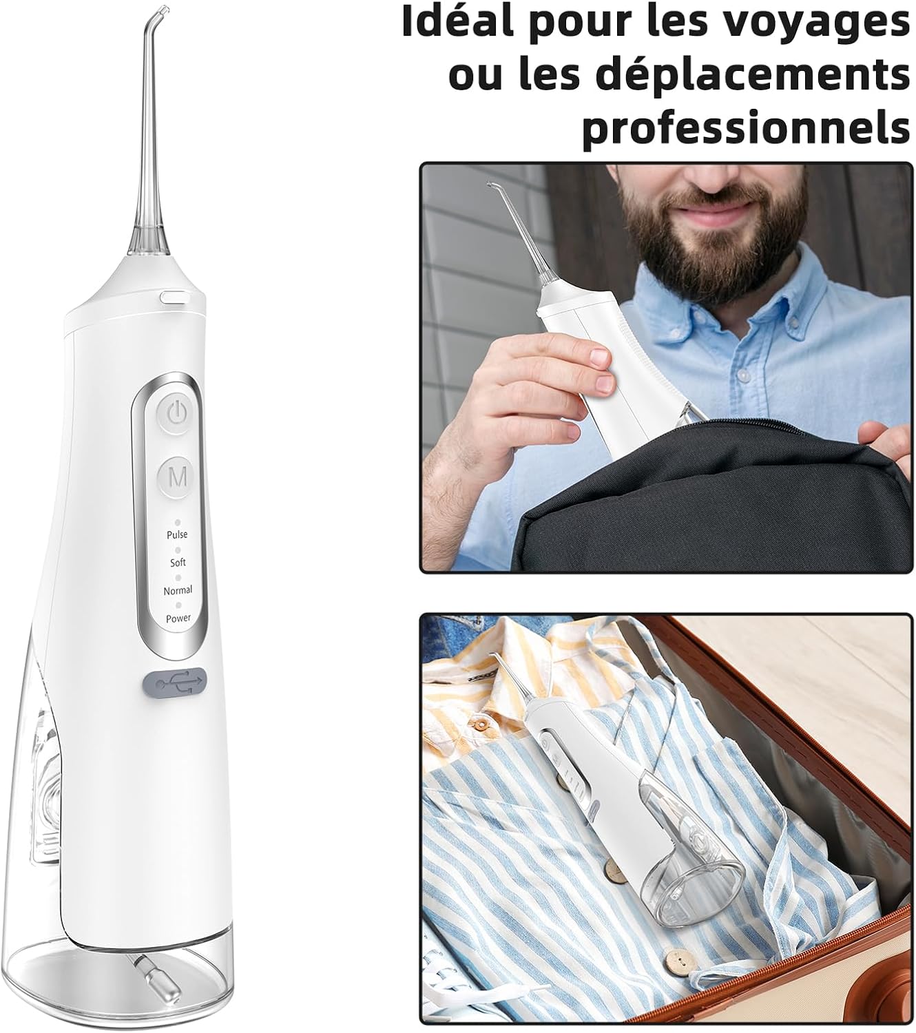 Detalle 2 de Jet Dentaire Hydropulseur Portable Sans Fil Rechargeable – 4 modes, 310 ml, IPX7, 60 Jours d’autonomie