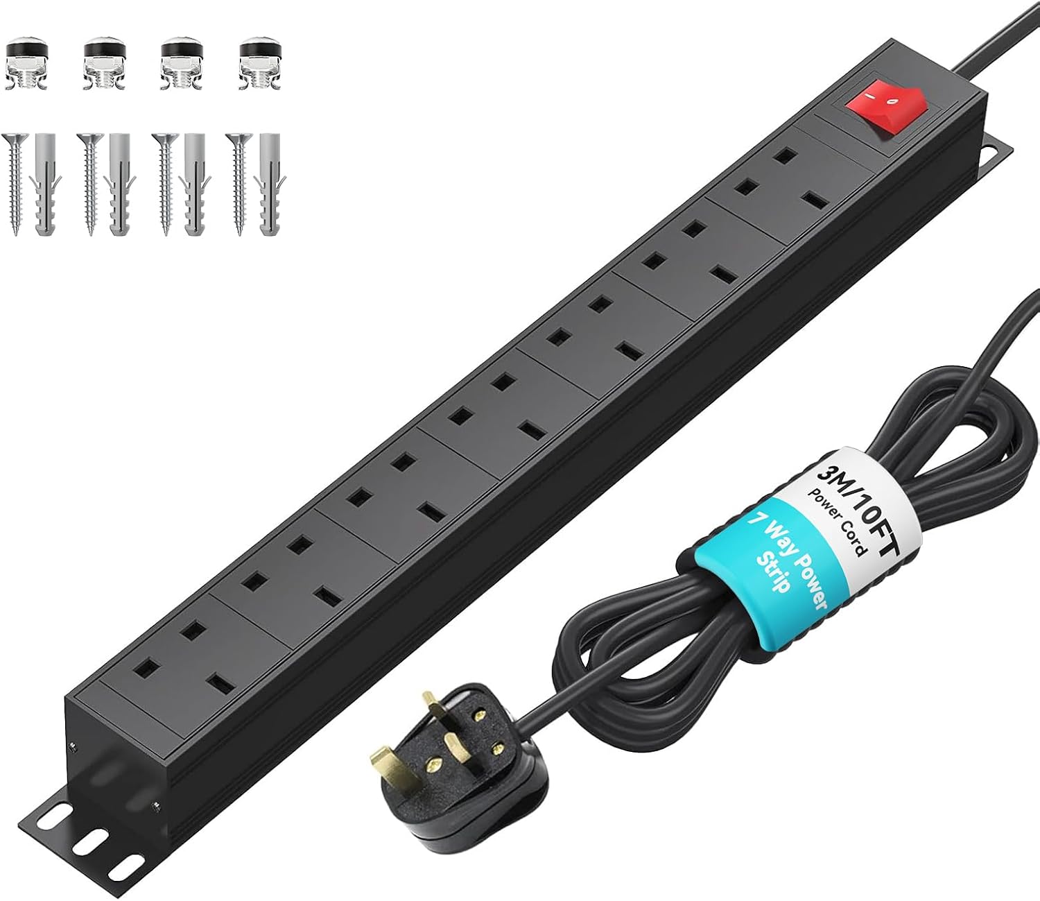 Detalle de Extension Lead Surge Protection 7-Way Power Strip with Switch, 3m Cable (13A) – Horizontal Rack/Wall Mount PDU