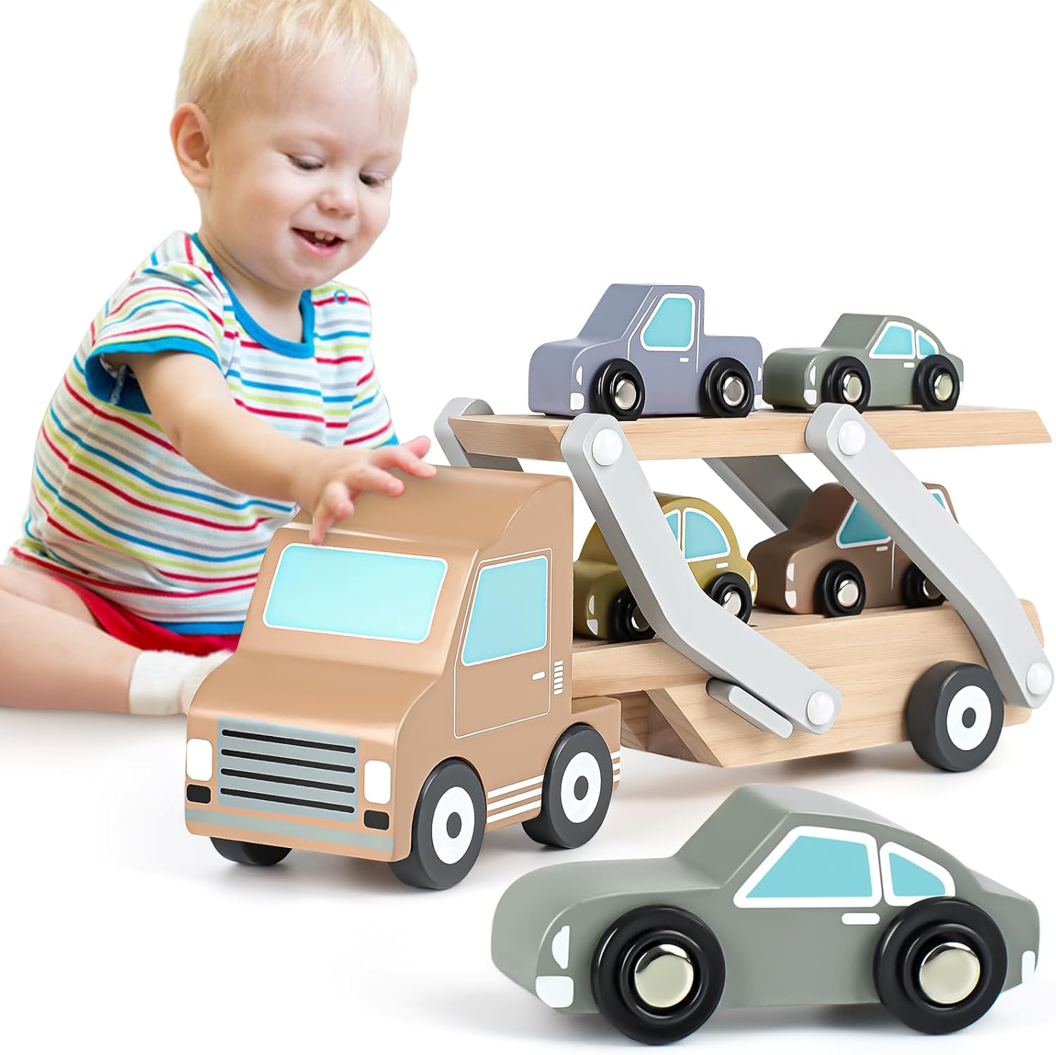 Wooden Toys Car Transporter Toy with 4 Cars – A durable wooden set for toddlers
