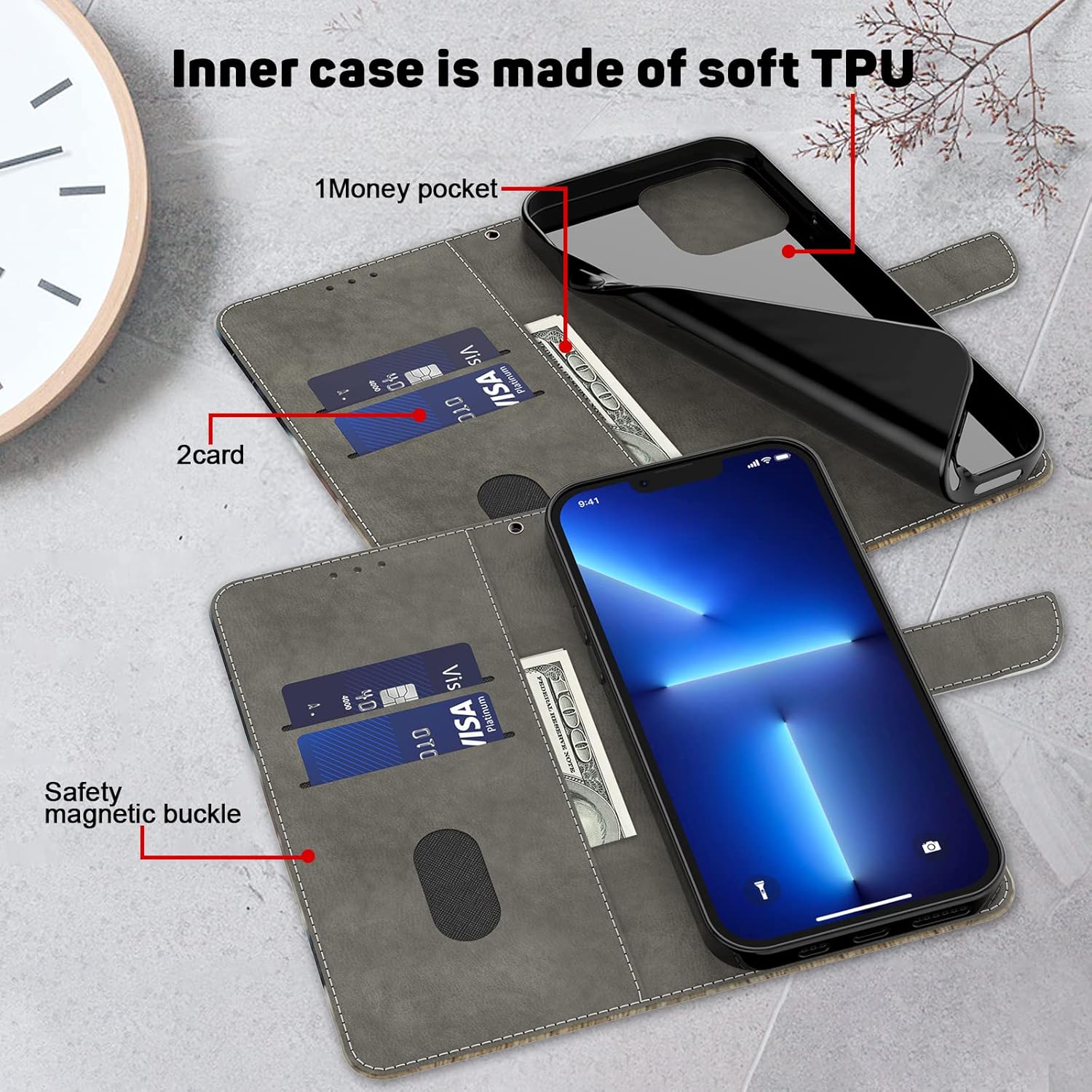 Detalle de TUOLISG Case for Samsung Galaxy S25 Ultra 6.8" – Flip Wallet with Magnetic Closure, Card Slot and Stand