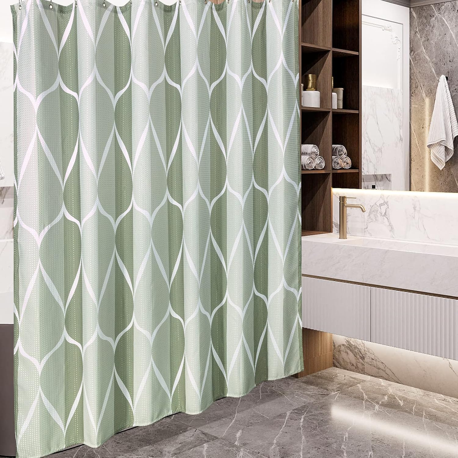 Thumbnail 1 de VANZAVANZU Rideau de Douche Géométrique en Polyester avec Anneaux Métal – 182x182 cm (Vert)