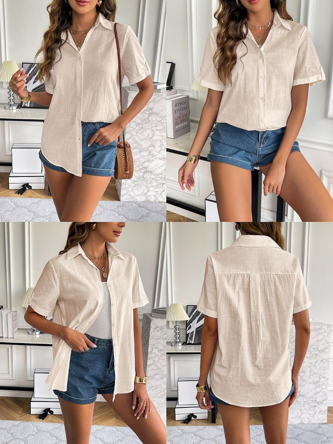 Detalle de Zeagoo Women’s Cotton-Linen Button Down Shirt with Rolled Cuffs (V-Neck, Short Sleeve)