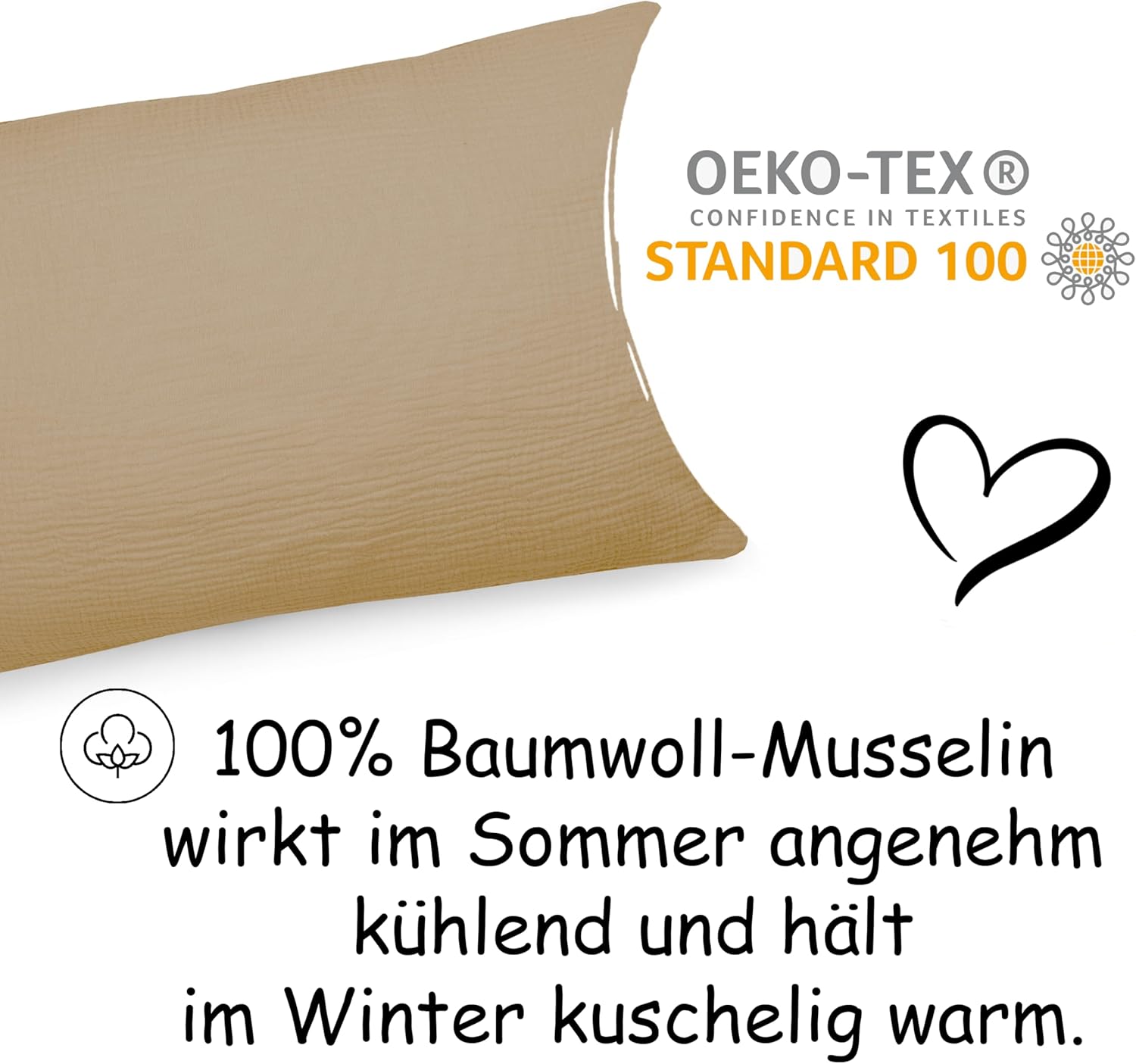 Thumbnail 3 de PinkZebra Bio-Musselin Kopfkissenbezug 40 x 80 cm (ÖkoTex/GOTS), mit Reißverschluss, beige