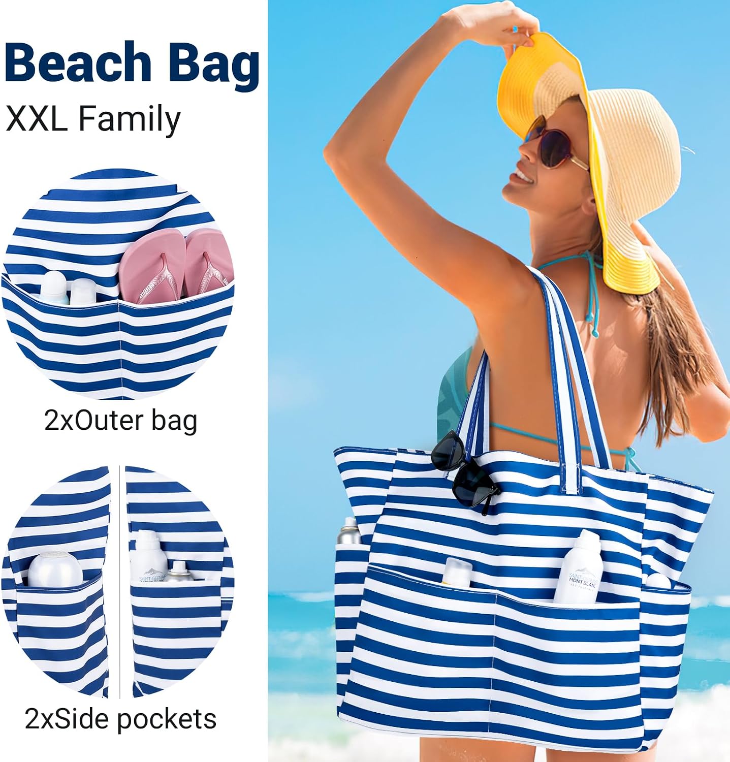 Thumbnail 5 de benpen Large Beach Bag for Women (Waterproof, Zip Top) with 8 Pockets — blue strip